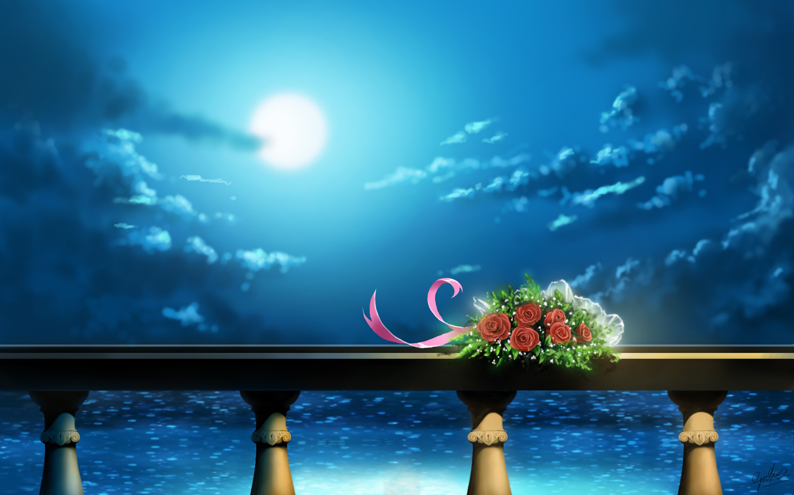 Bouquet of Roses on a Balcony Under the Moon HD Wallpaper