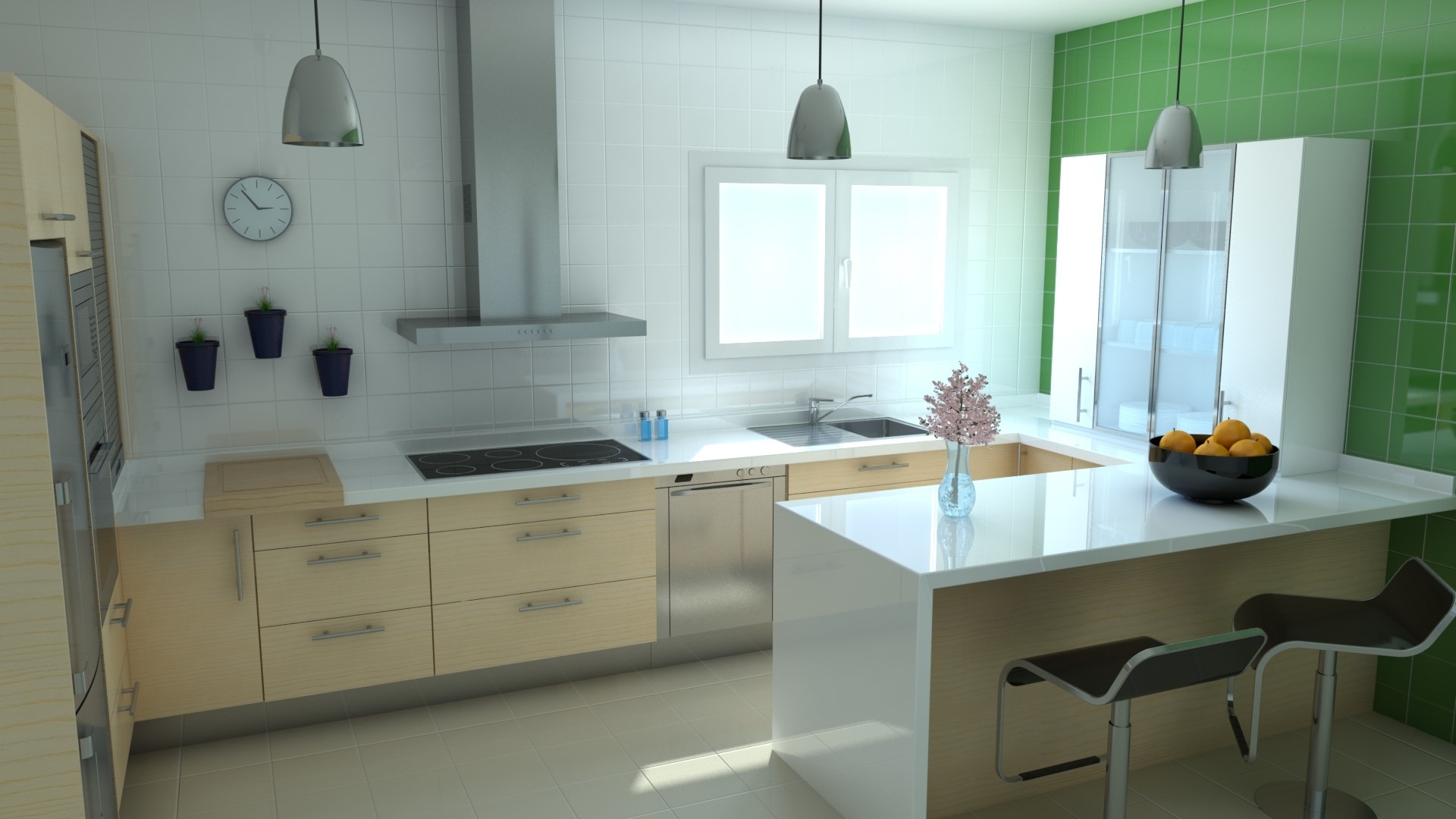 Modern kitchen with island and green tile backsplash HD Wallpaper