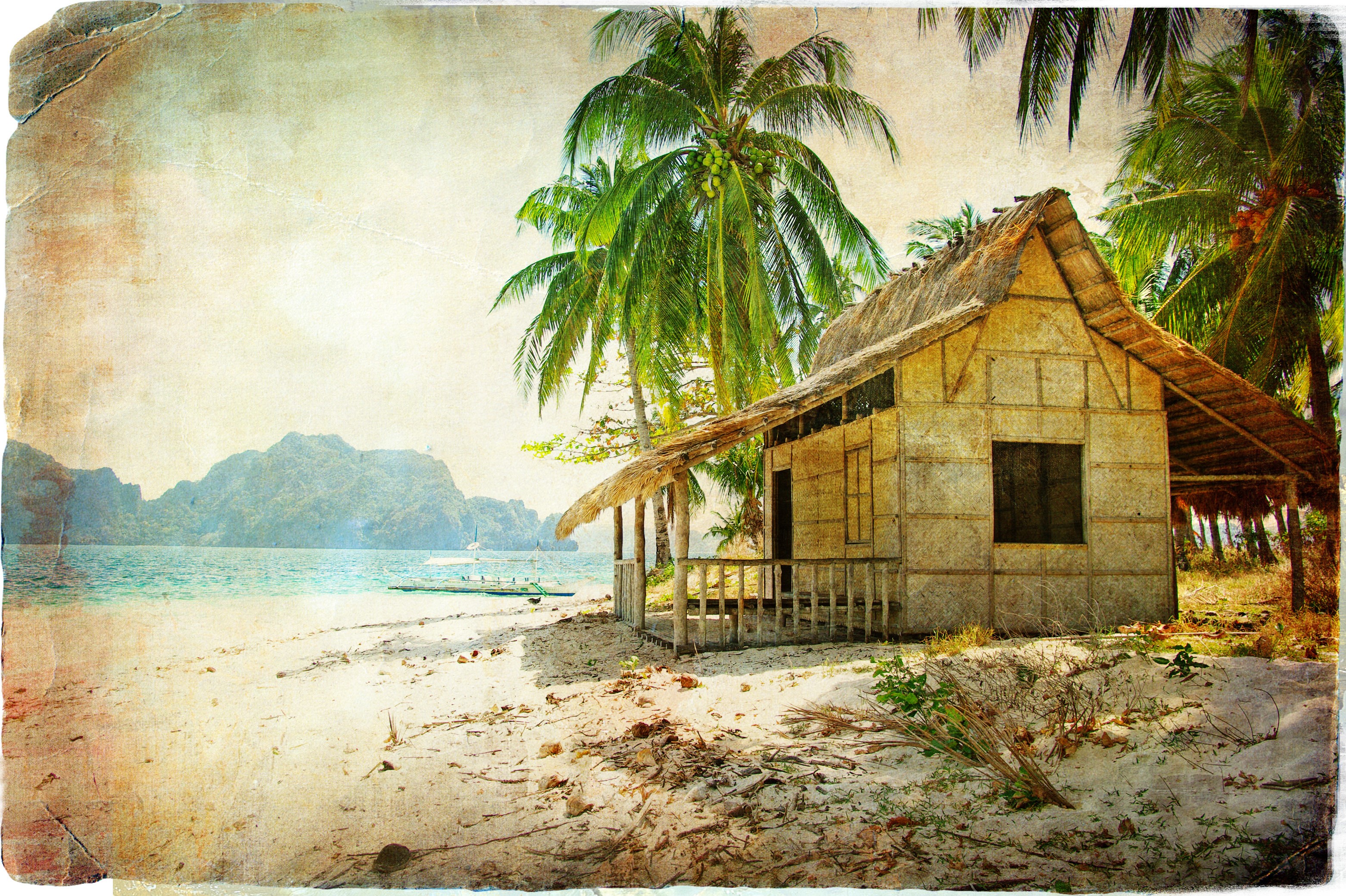 Tropical beach bungalow with palm trees and mountains HD Wallpaper