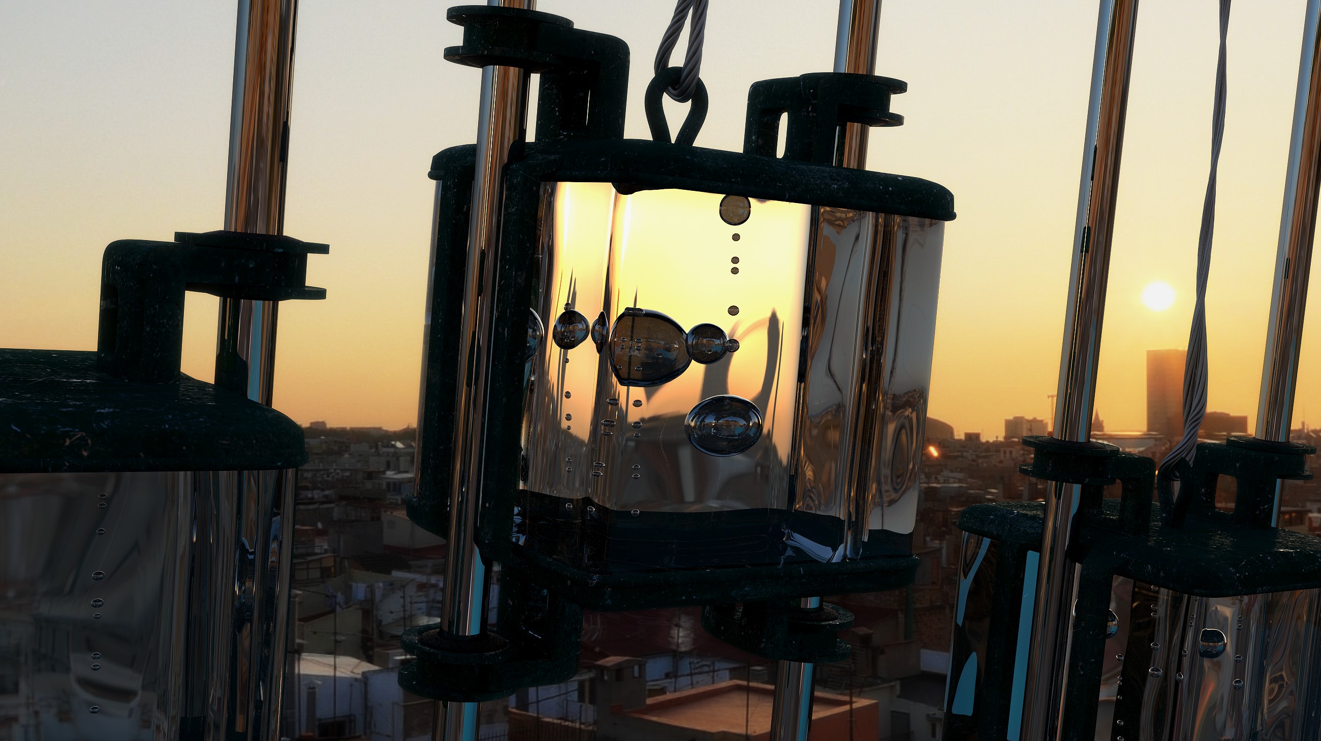 Air bubbles in glass containers against sunset sky HD Wallpaper