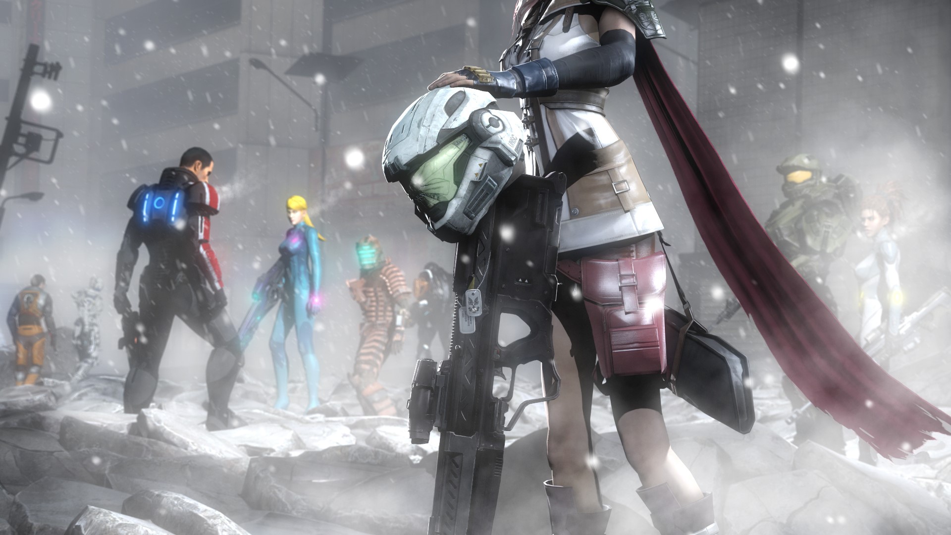 Characters from Mass Effect, Dead Space, and Halo in a snowy city HD Wallpaper