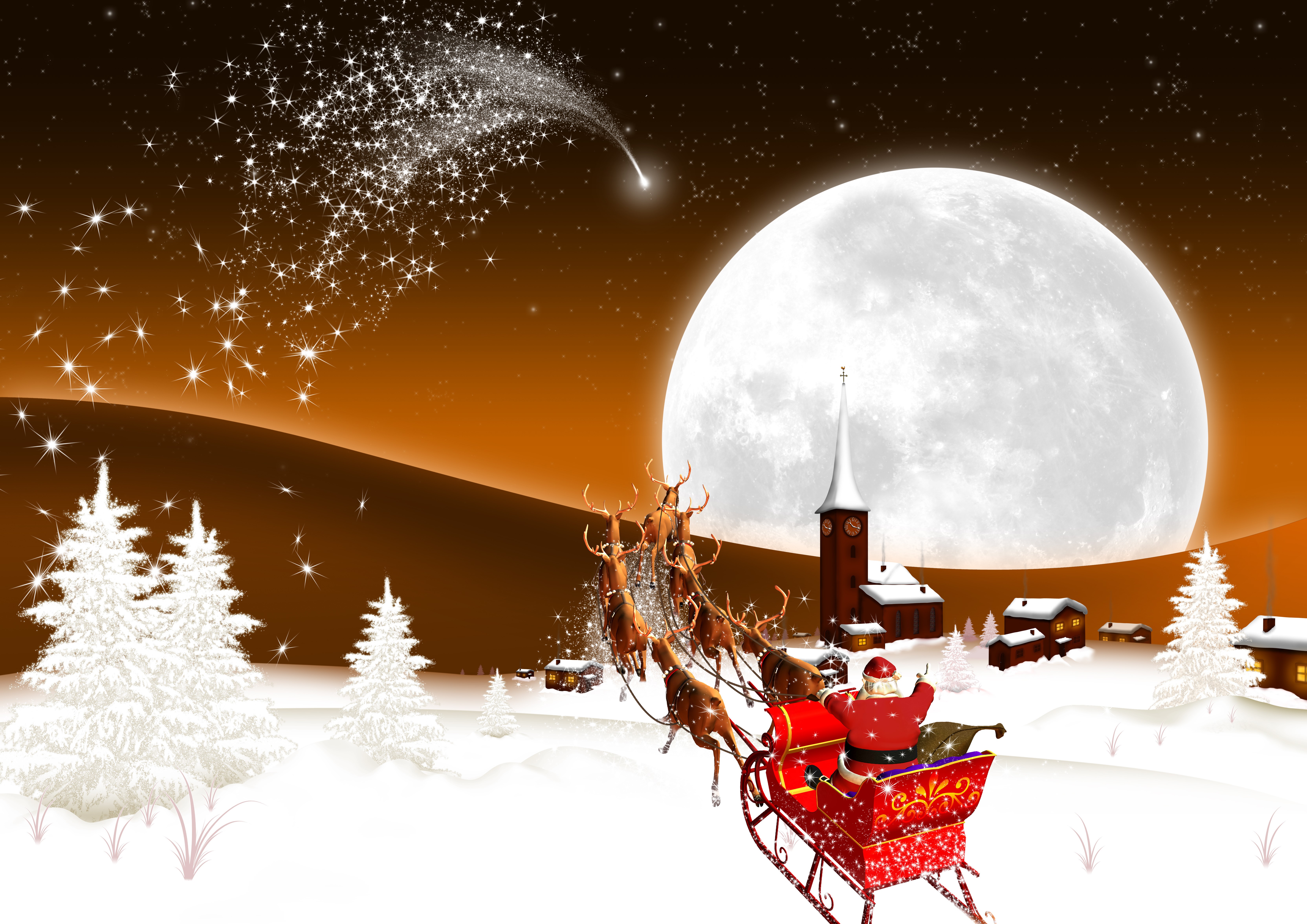 Santa Claus flying in a sleigh with reindeer under the moon HD Wallpaper