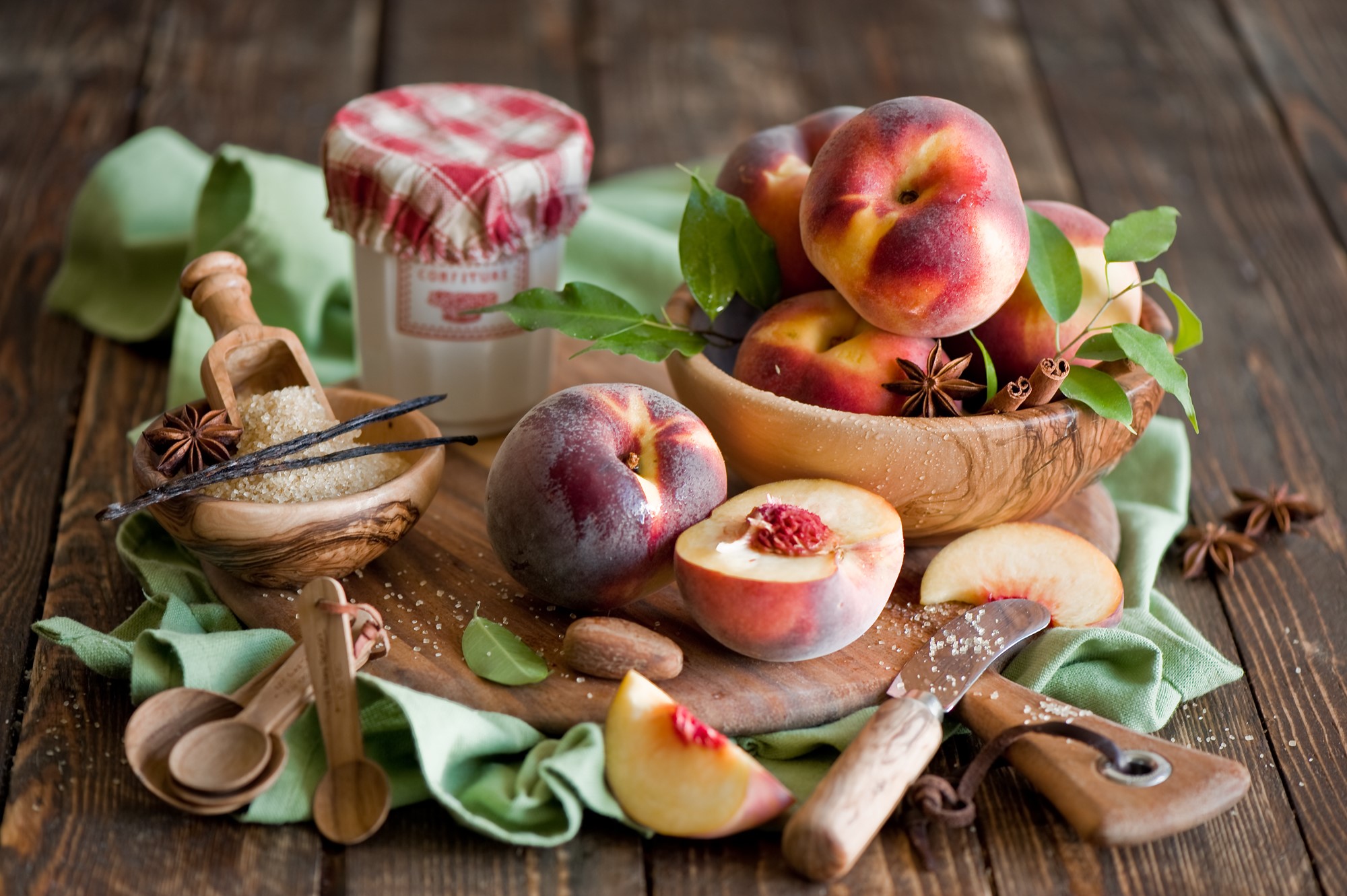 Peaches and ingredients for jam on a wooden table HD Wallpaper