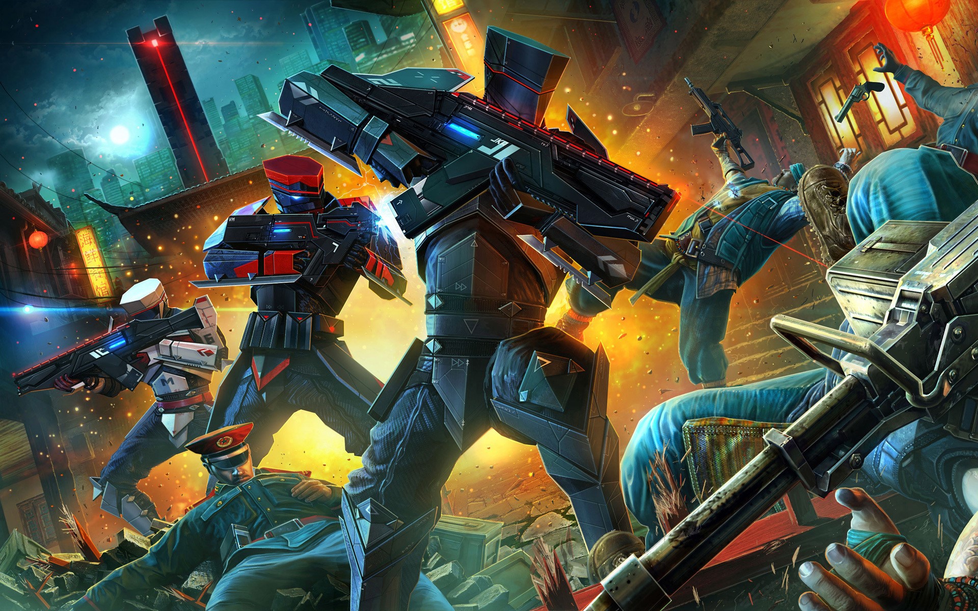 Warriors in futuristic armor with rifles in a battle HD Wallpaper