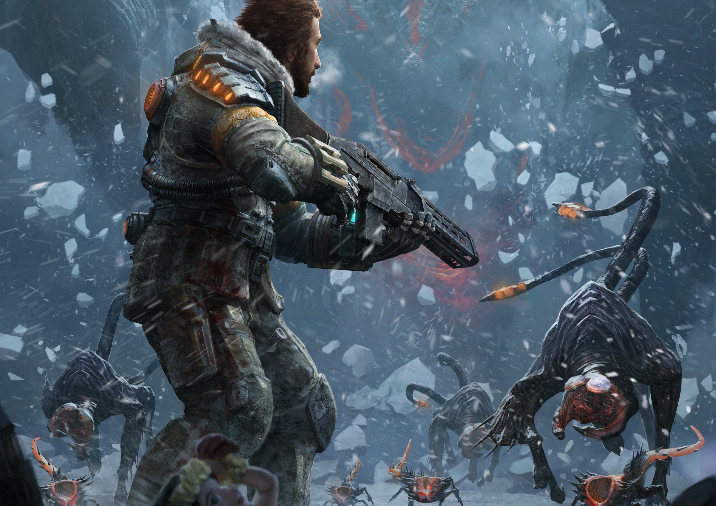 Man fighting monsters in a snowy environment from Lost Planet HD Wallpaper