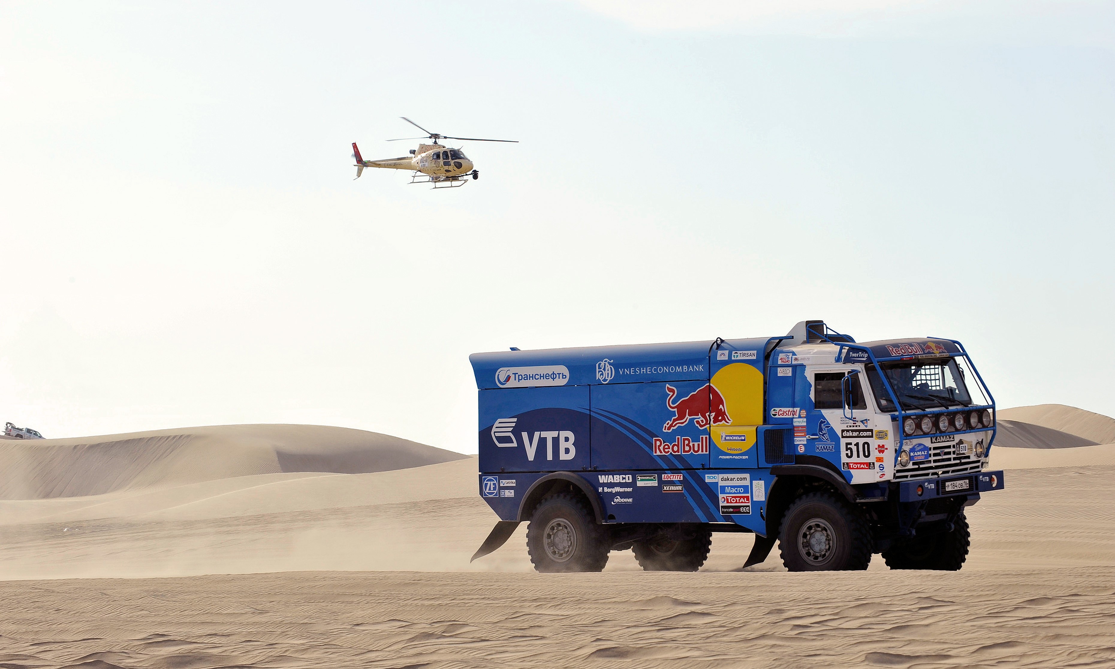 KAMAZ truck and helicopter in desert HD Wallpaper