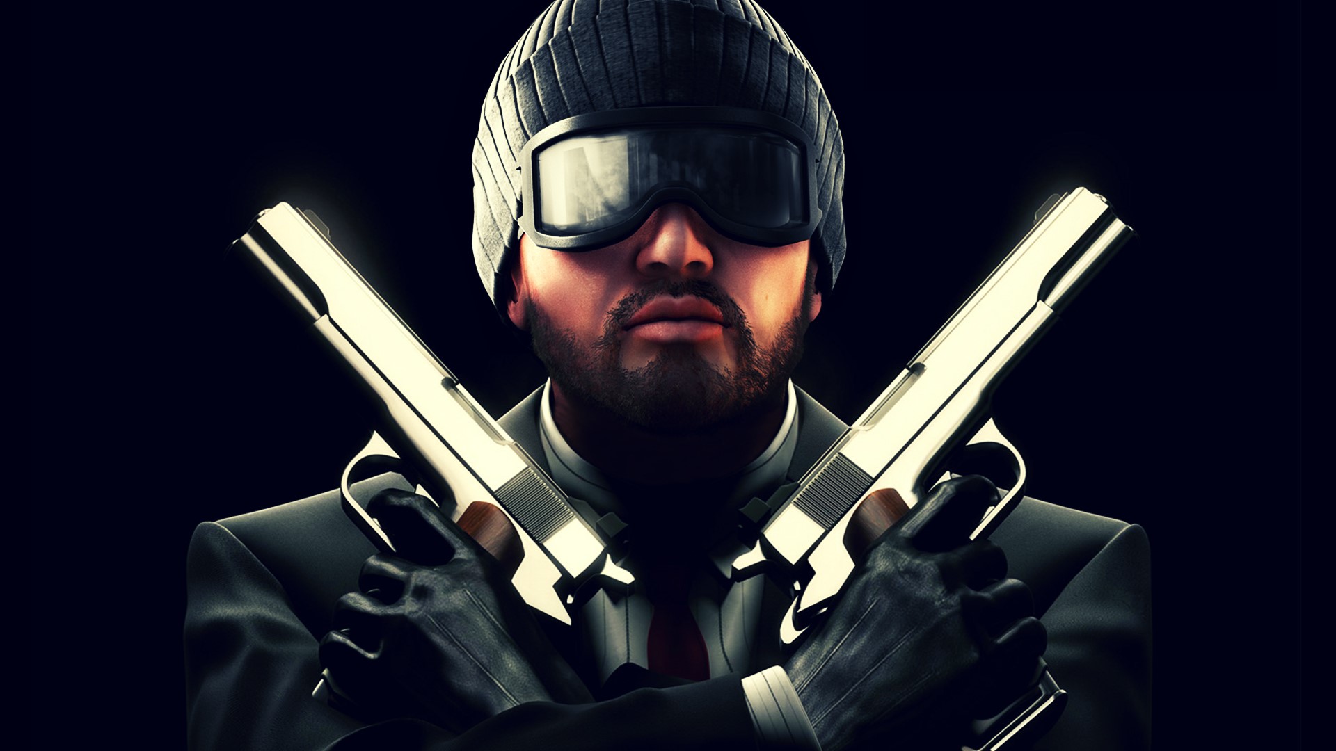Man in winter hat and glasses holding two pistols HD Wallpaper