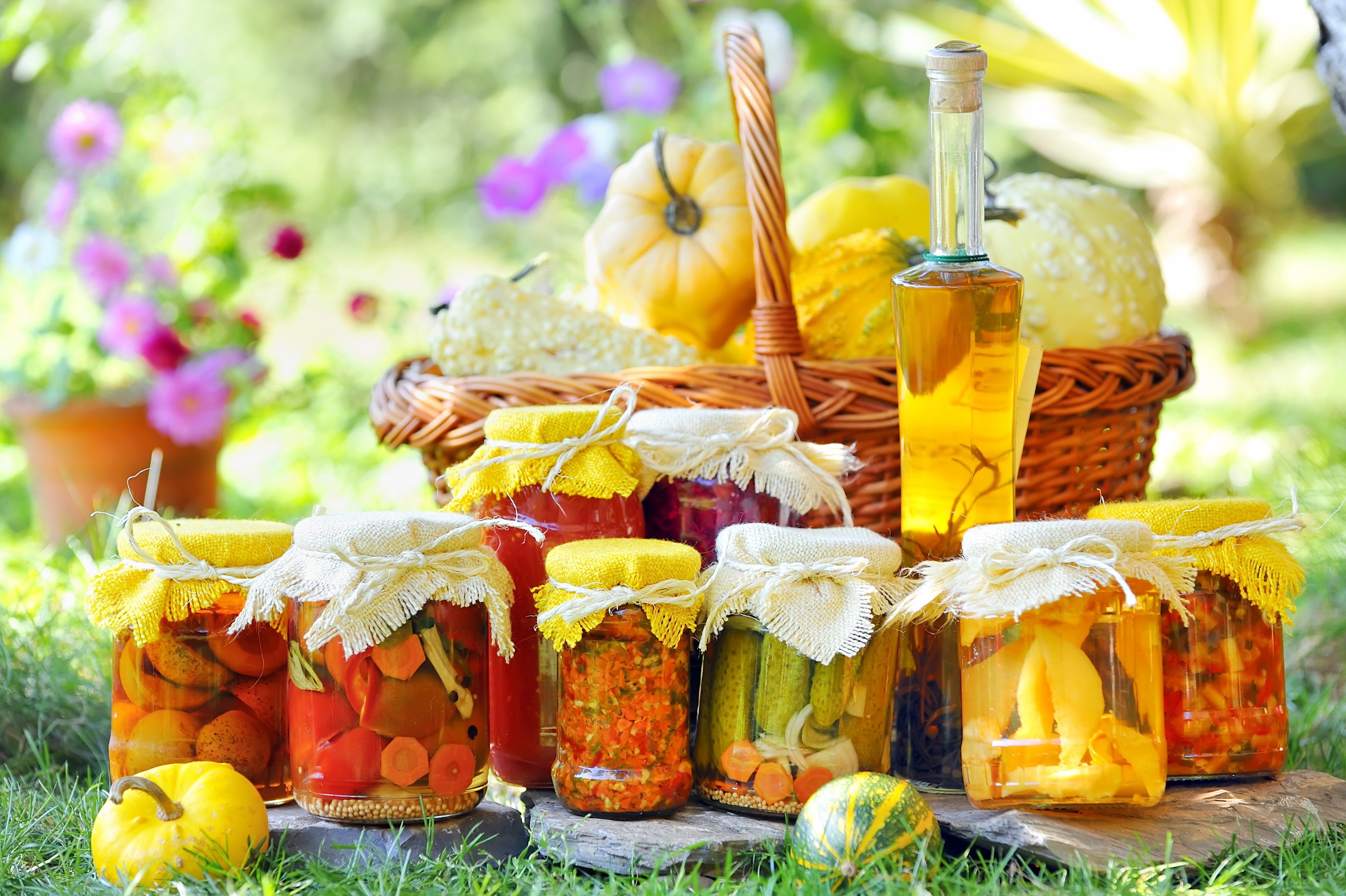 Jars of preserved food and gourds in a garden HD Wallpaper