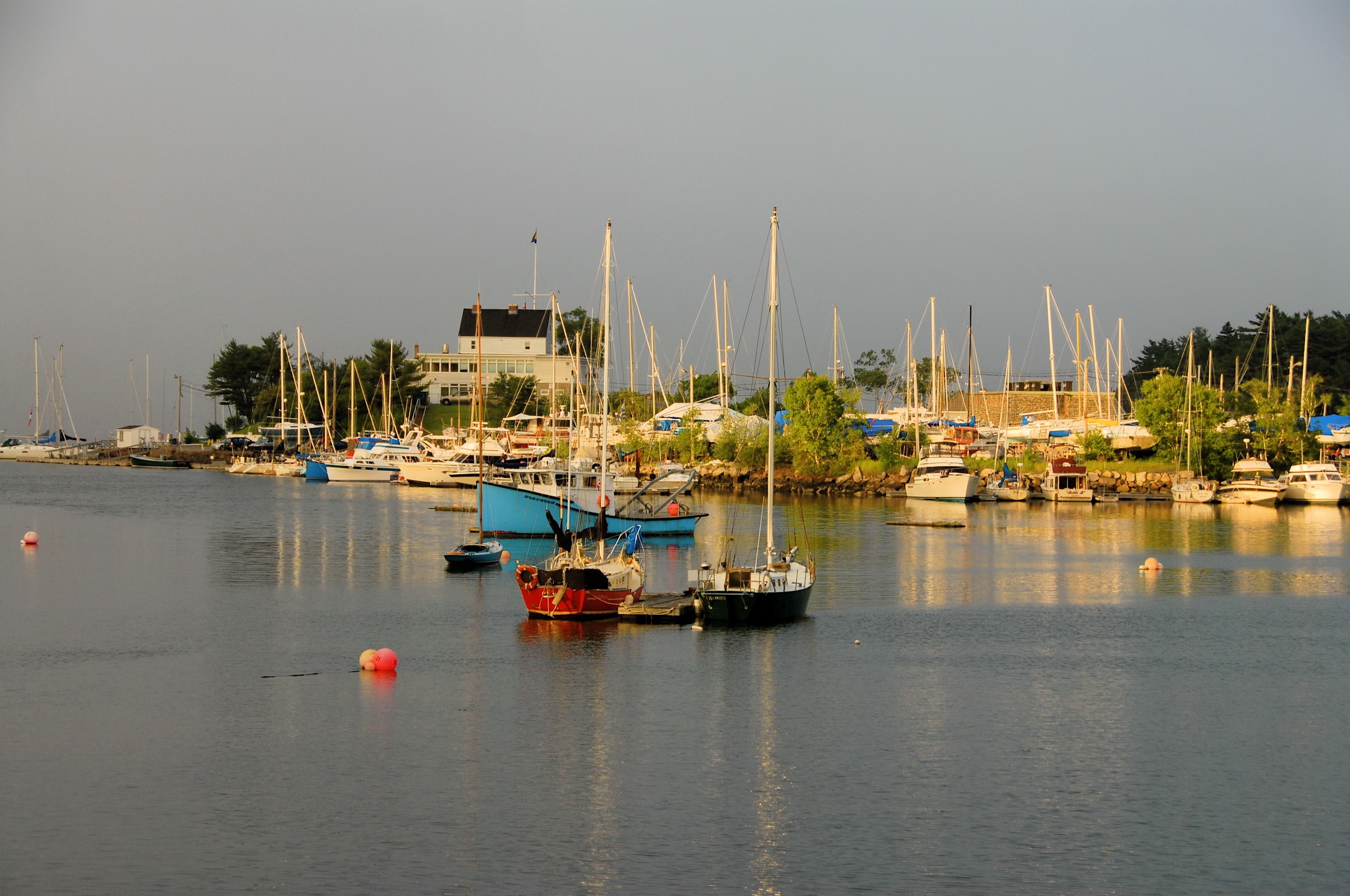 Boats docked in a harbor with a building in the background HD Wallpaper