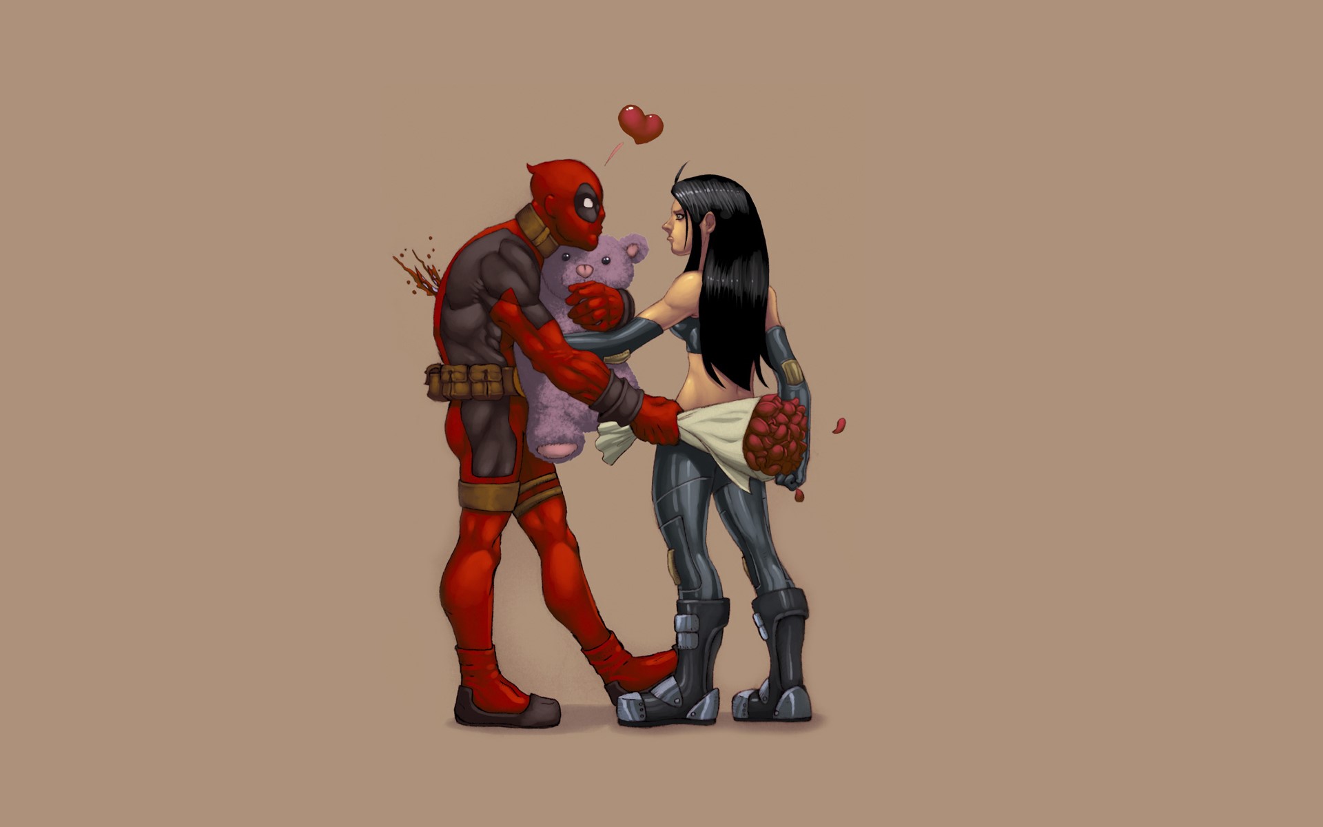 Deadpool and Domino with a teddy bear and roses HD Wallpaper