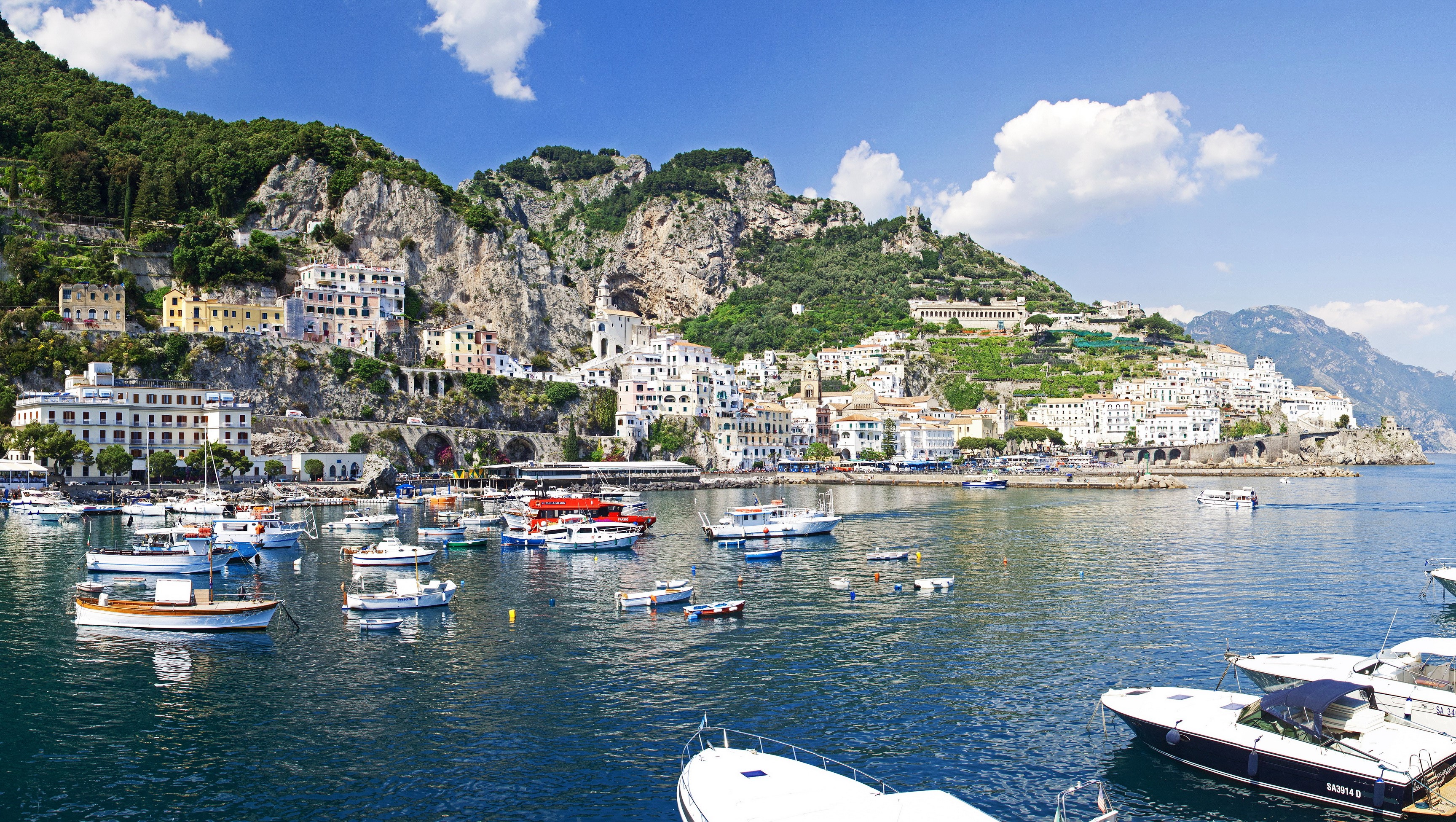 Amalfi Coast, Italy with boats in the harbor HD Wallpaper