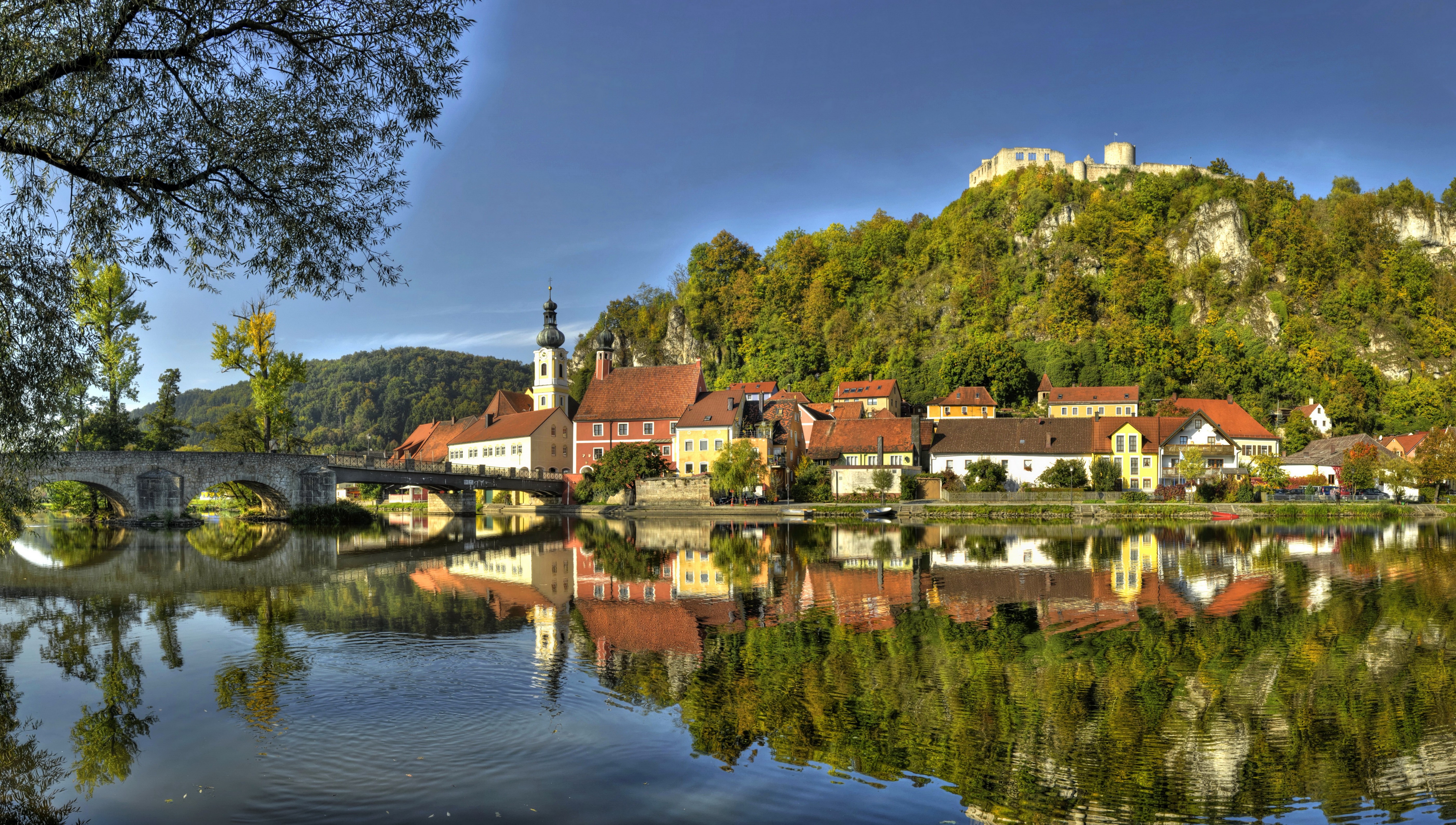Town with Castle on Hill over River in Bavaria, Germany HD Wallpaper