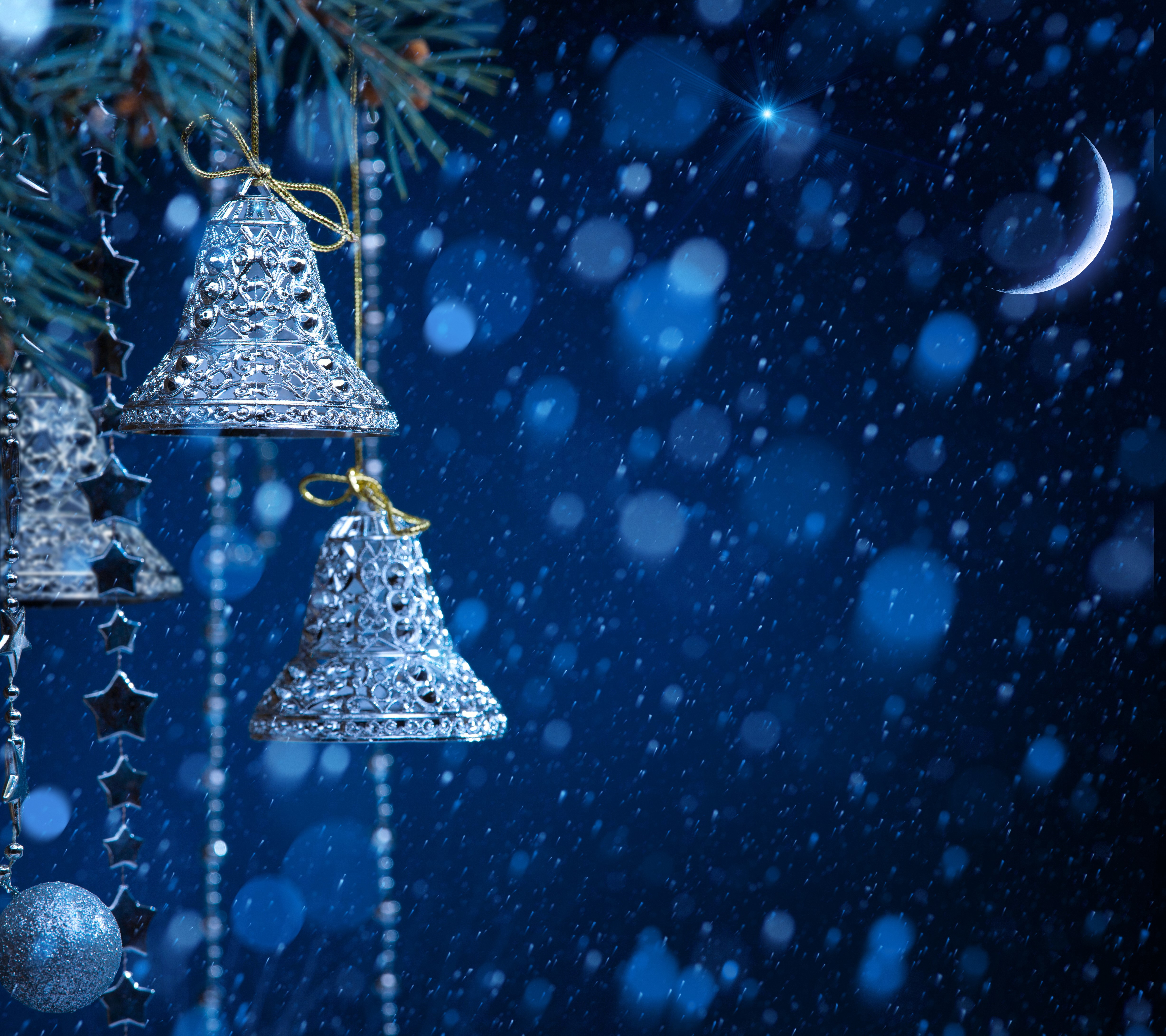 Christmas Bells and Crescent Moon HD Wallpaper