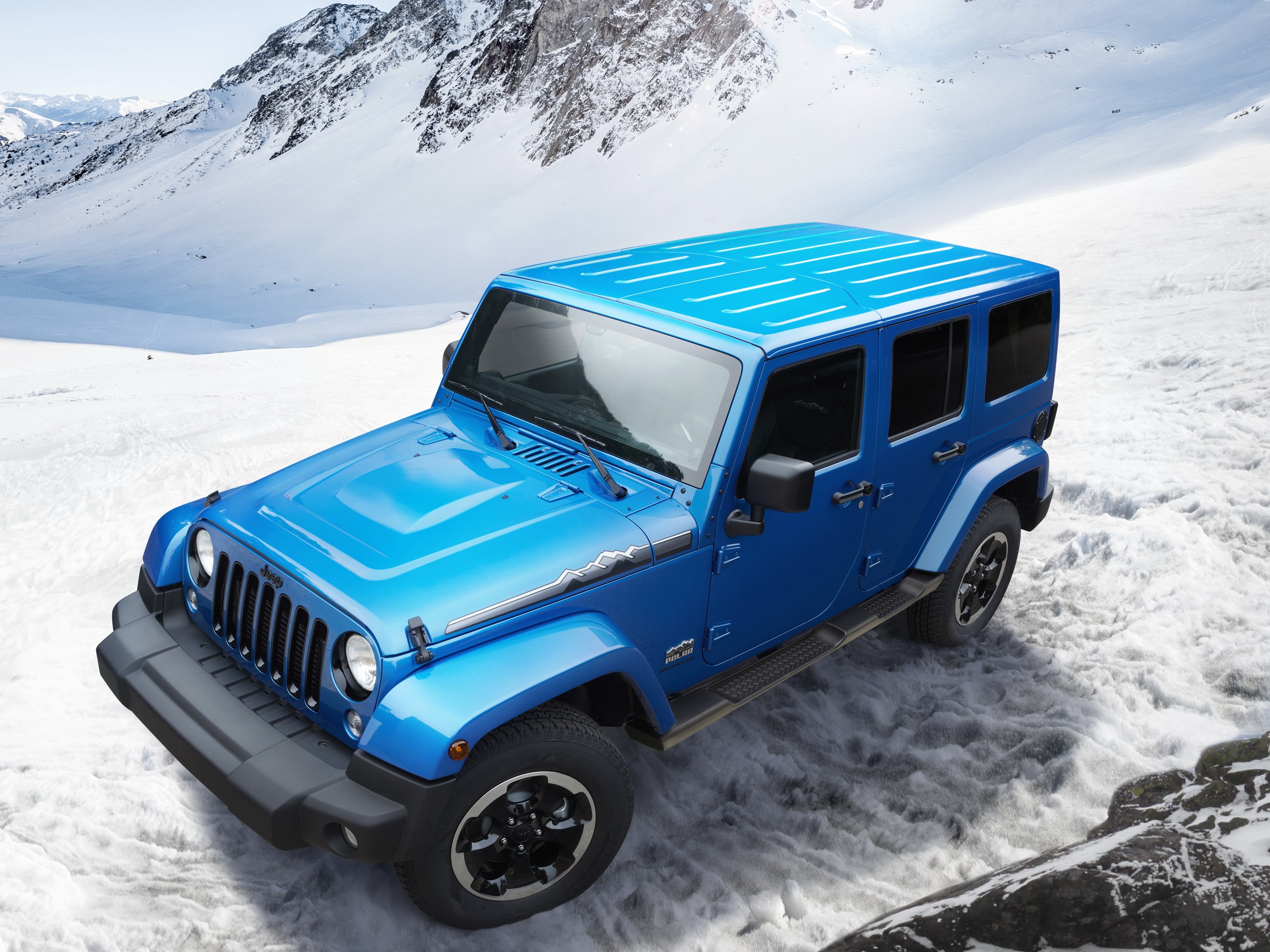 Blue Jeep Wrangler Polar in snowy mountains HD Wallpaper