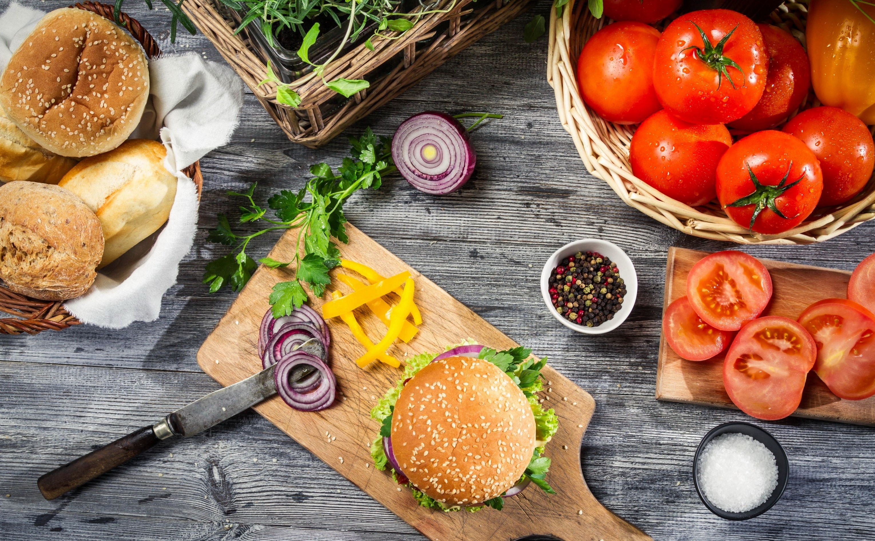 Hamburger ingredients and bread rolls still life HD Wallpaper
