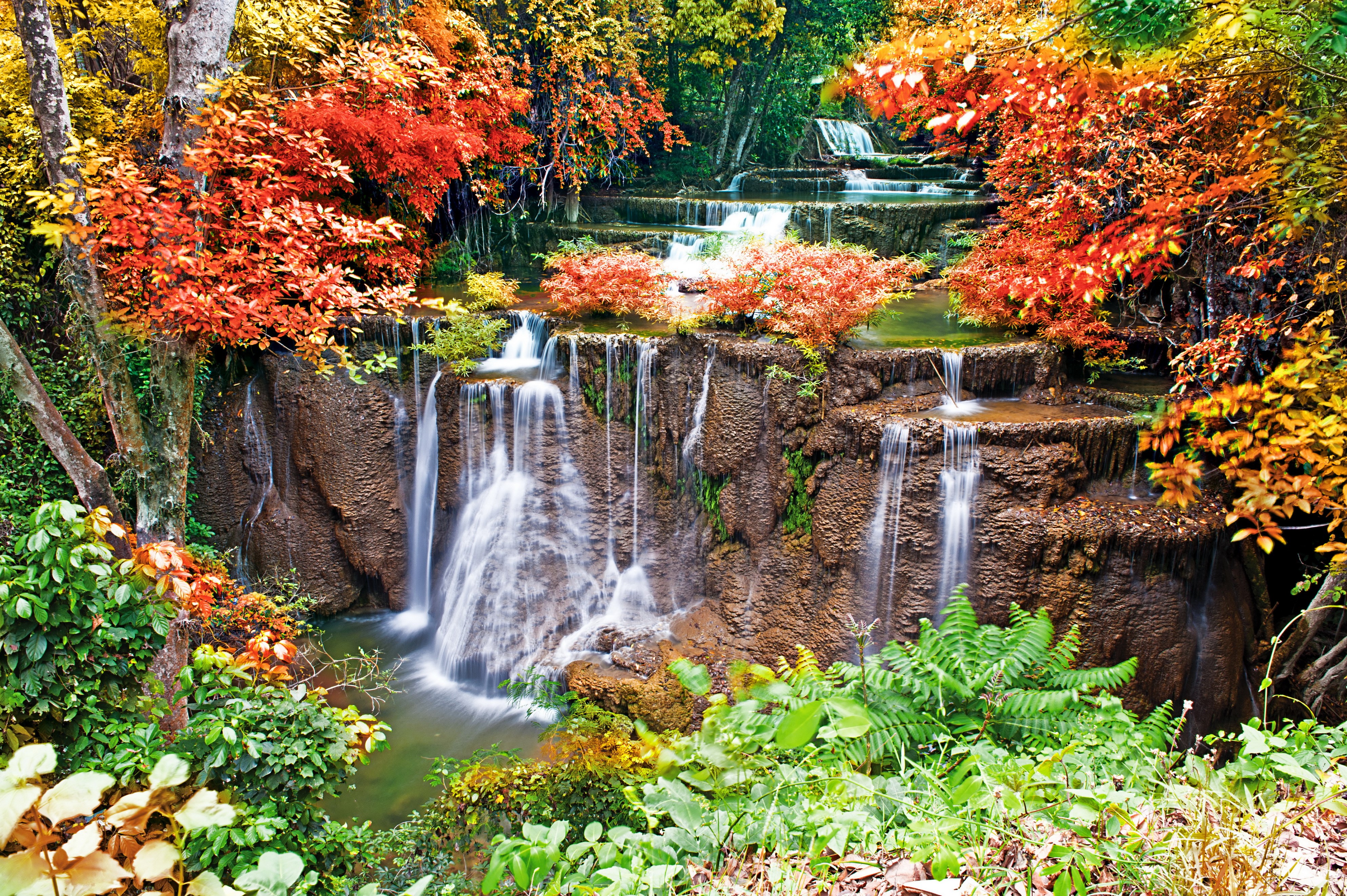 4K Waterfalls in Autumn Forest HD Wallpaper