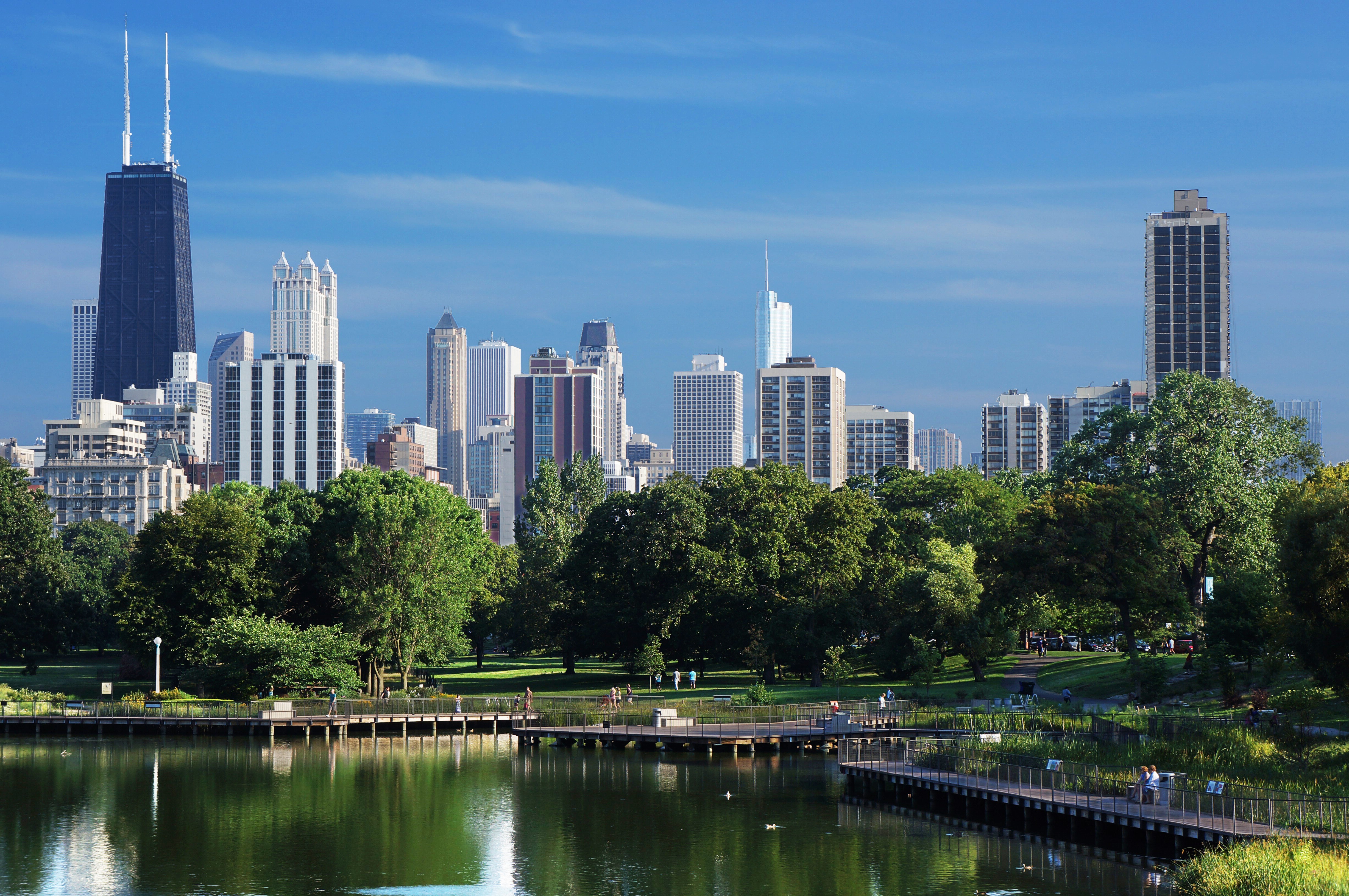 Chicago City Skyline with Park and Lake HD Wallpaper