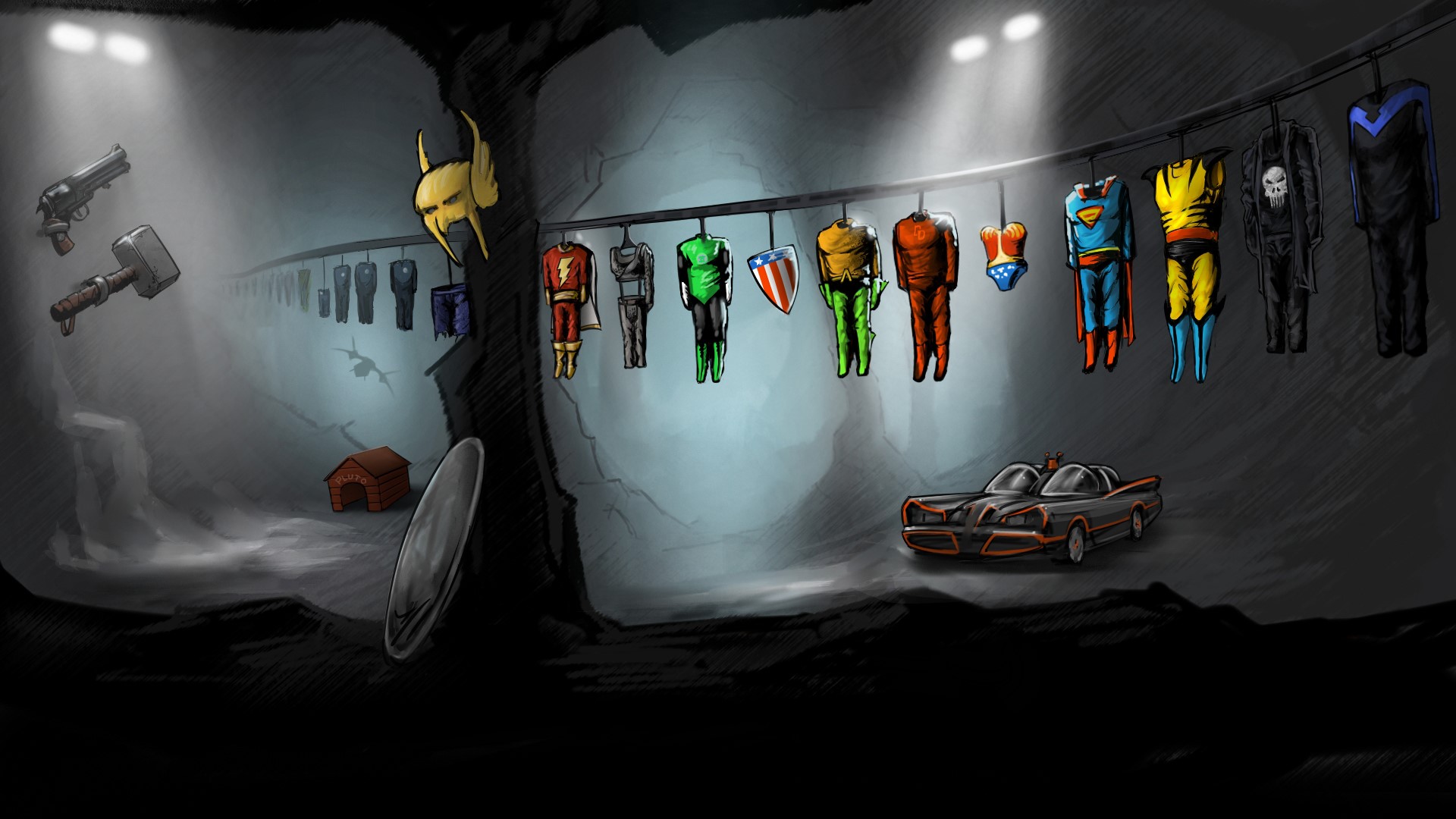 Superhero costumes hanging in a cave with Batman's car HD Wallpaper