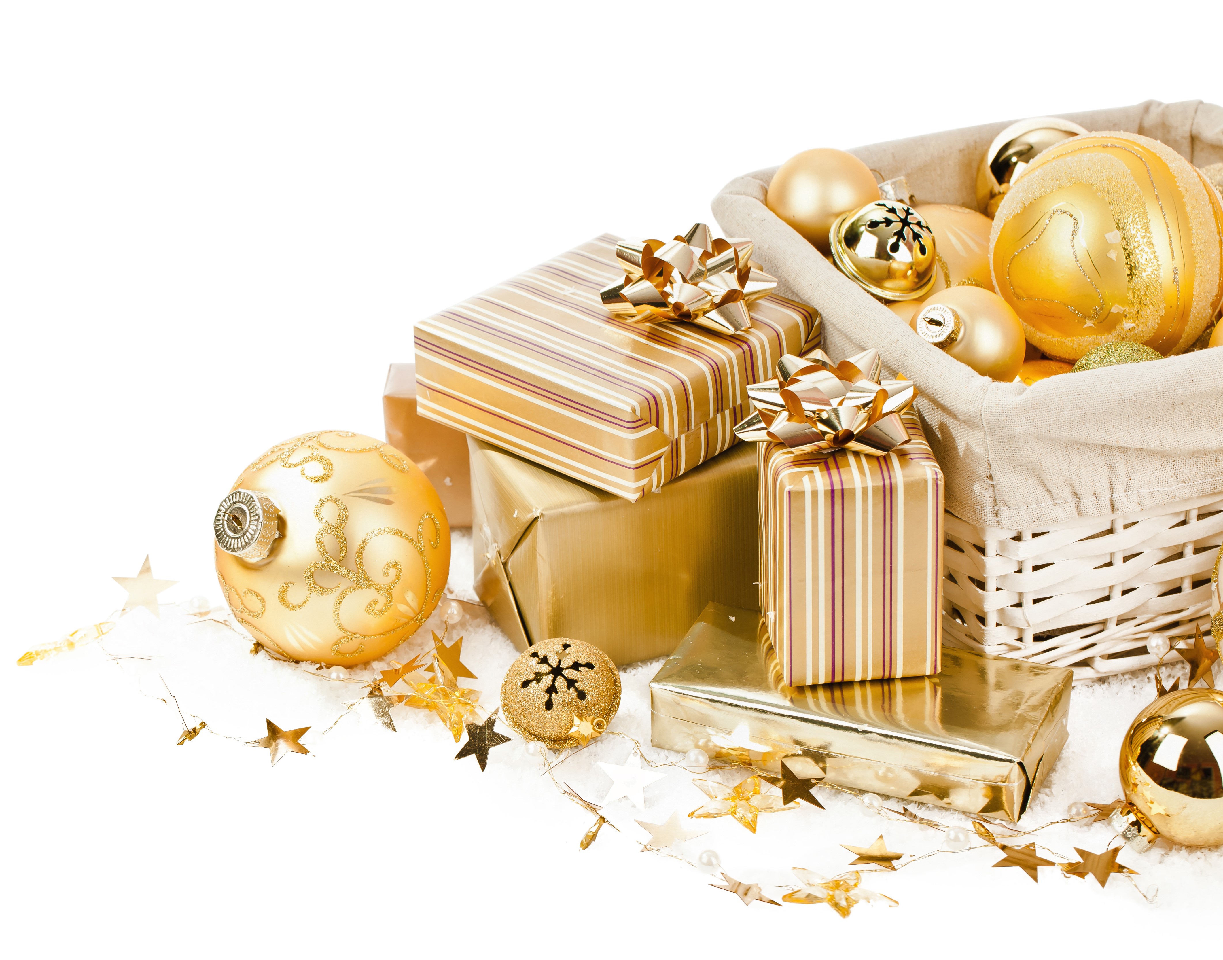 Gold Christmas Gifts and Ornaments HD Wallpaper