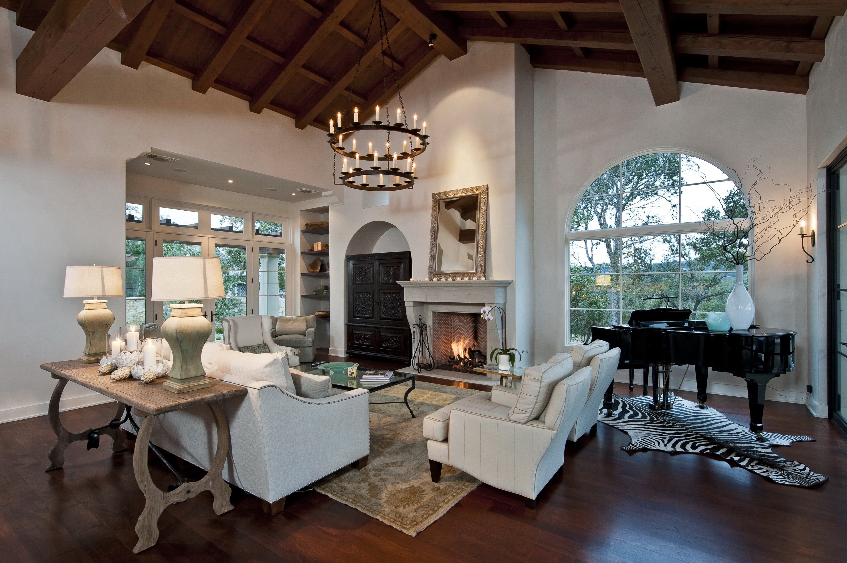 Living room with fireplace and grand piano HD Wallpaper