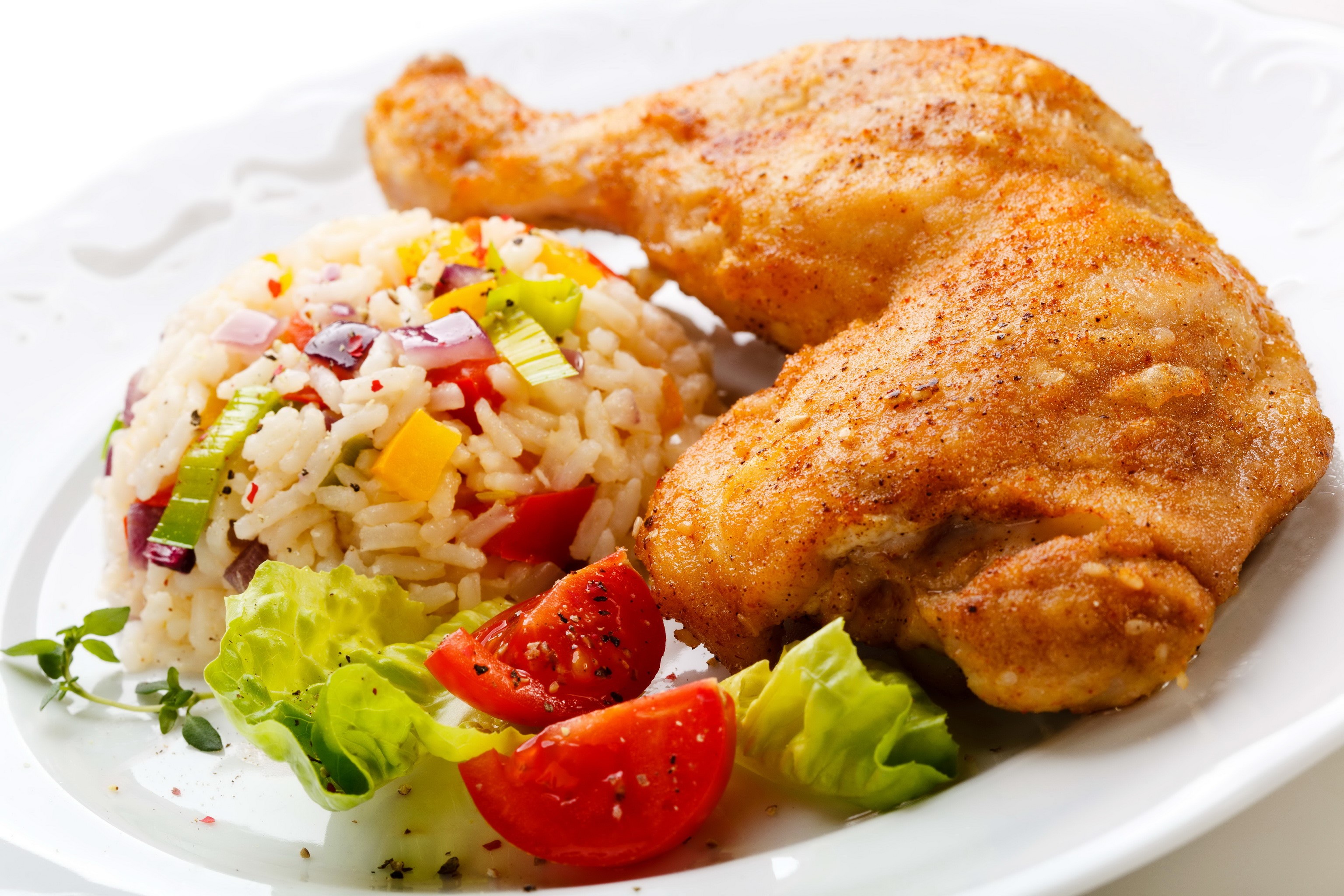 Roasted chicken leg with rice and salad HD Wallpaper