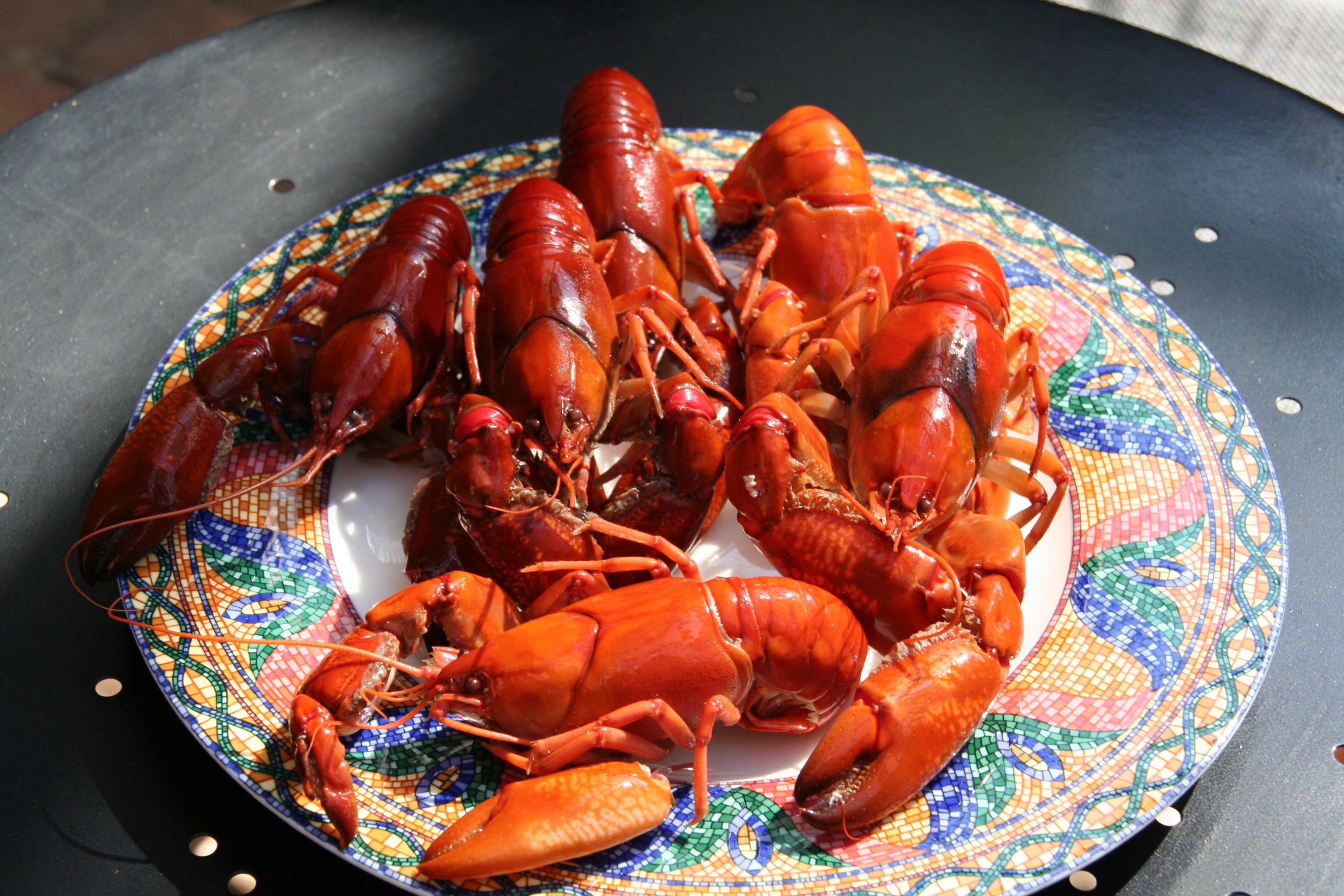 Plate of cooked crayfish on a table HD Wallpaper