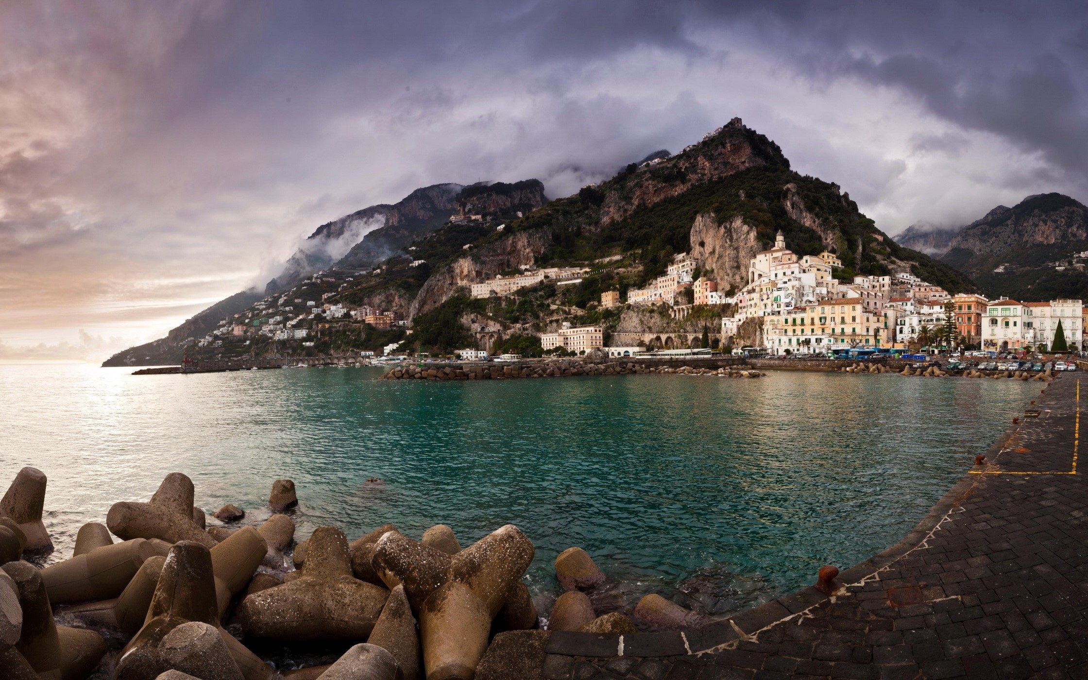 Amalfi Coast town in Italy with mountains and sea HD Wallpaper