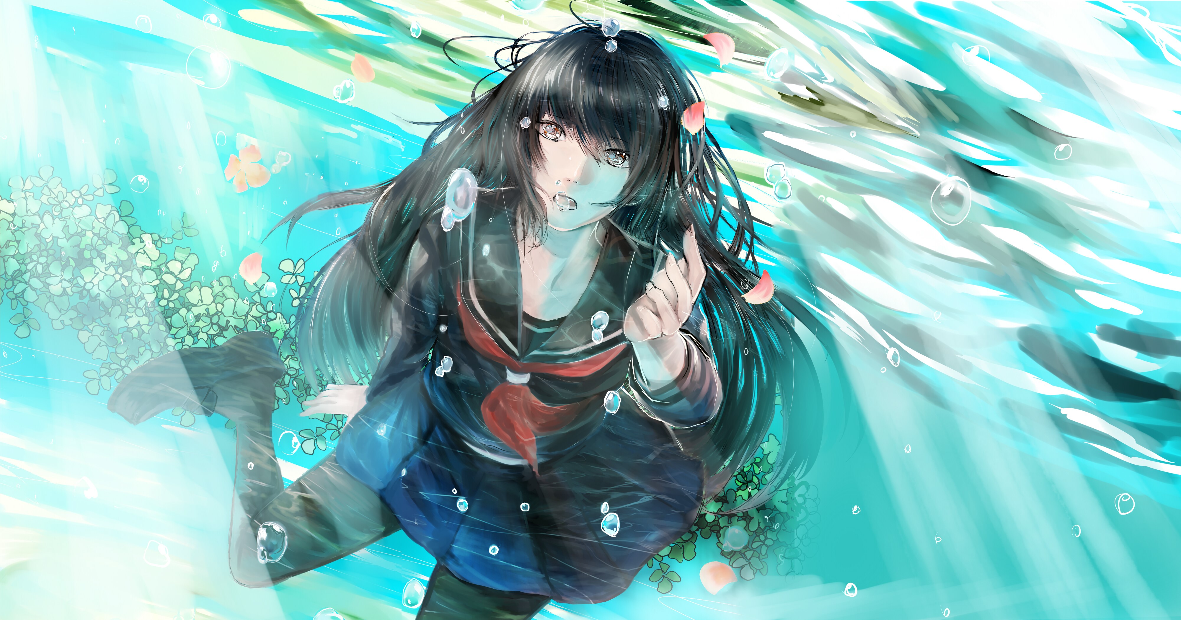Underwater world Water Brunette girl Schoolgirls Uniform HD Wallpaper