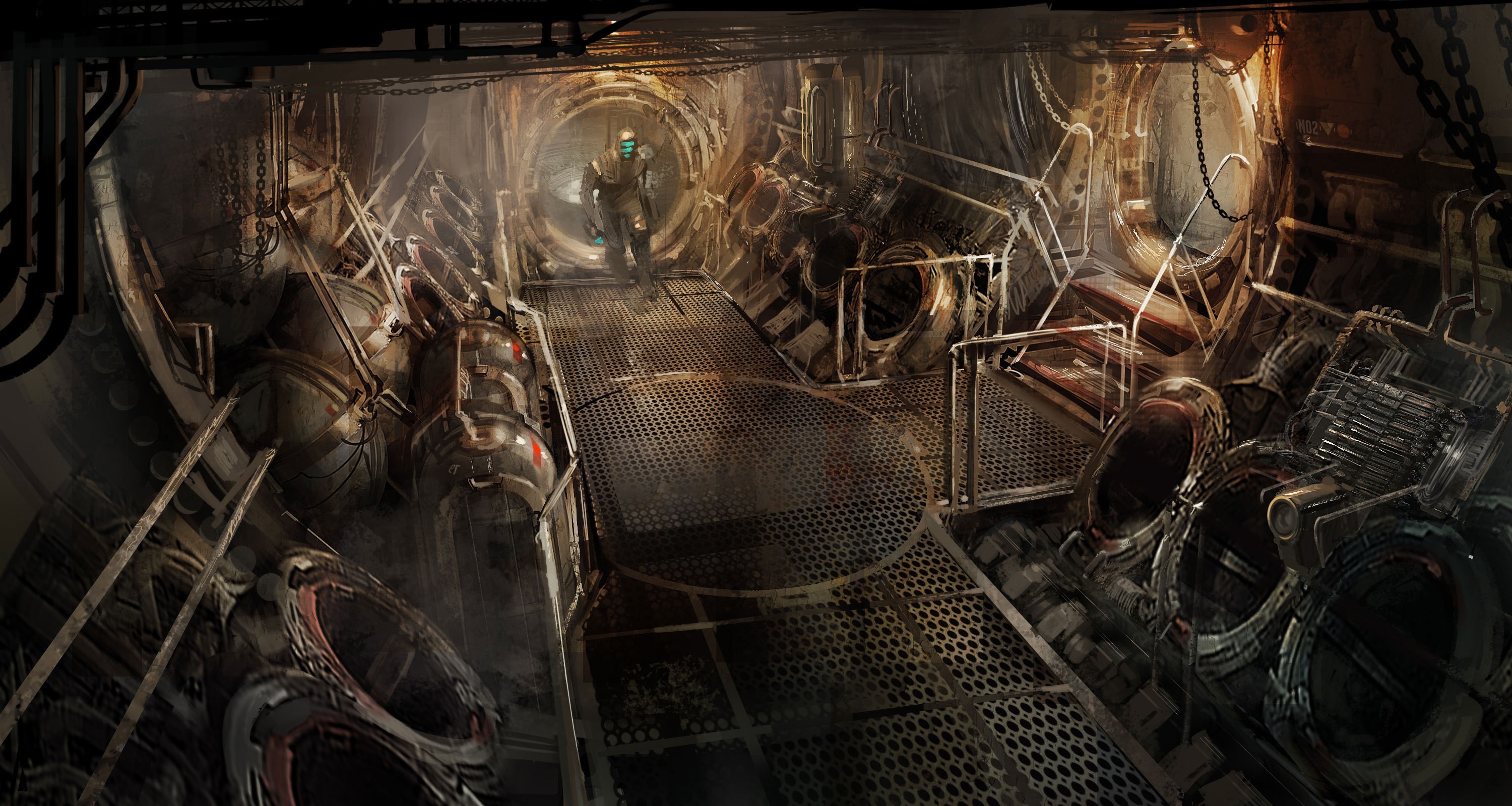 Isaac Clarke from Dead Space 3 in a spaceship corridor HD Wallpaper