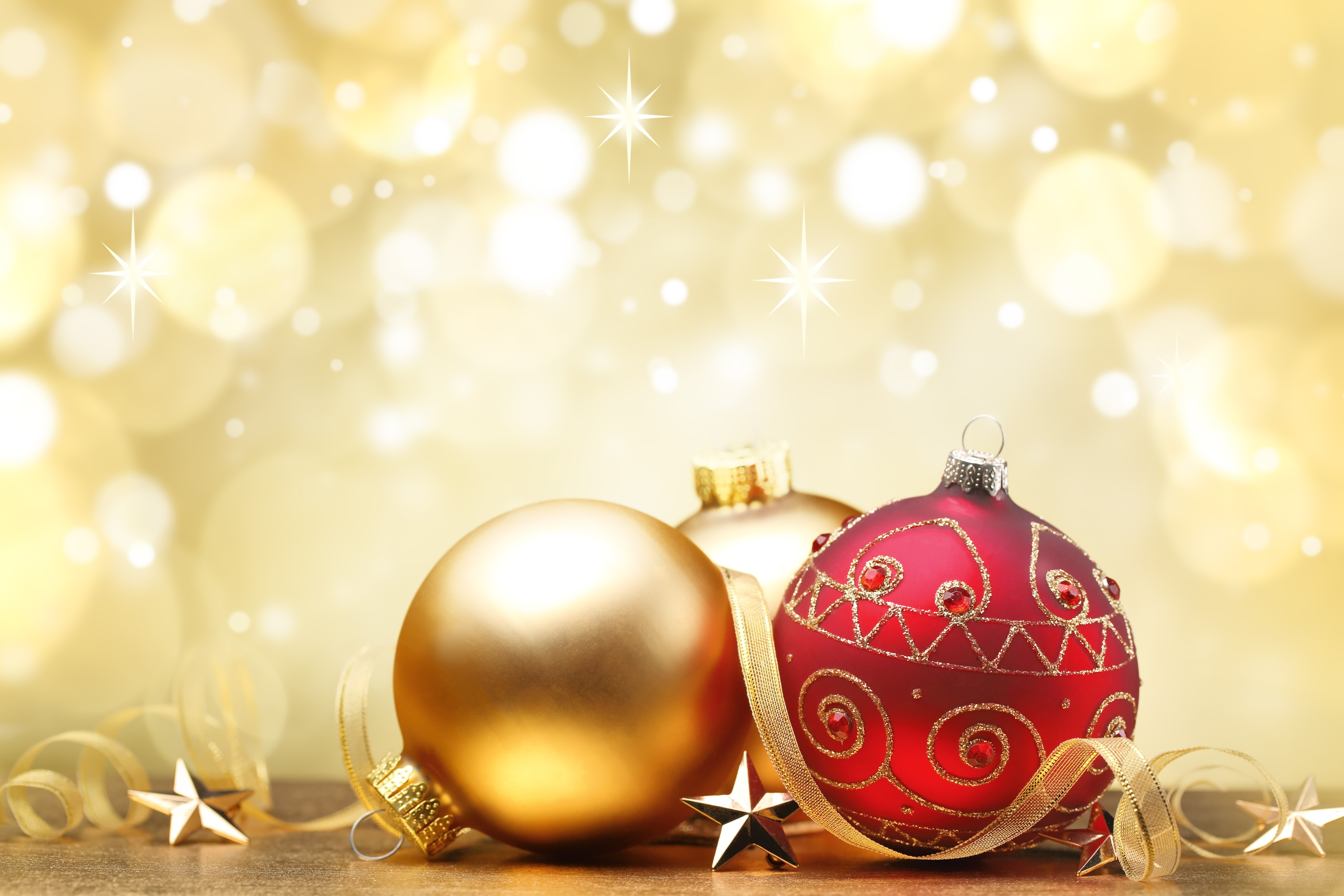 Christmas Balls with Golden Bokeh Background HD Wallpaper