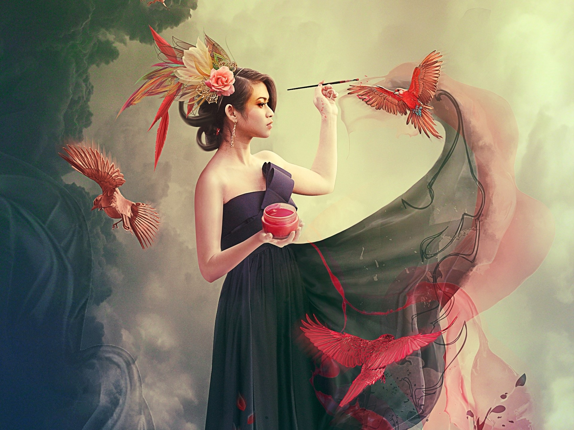 Woman painting birds with a brush and paint HD Wallpaper