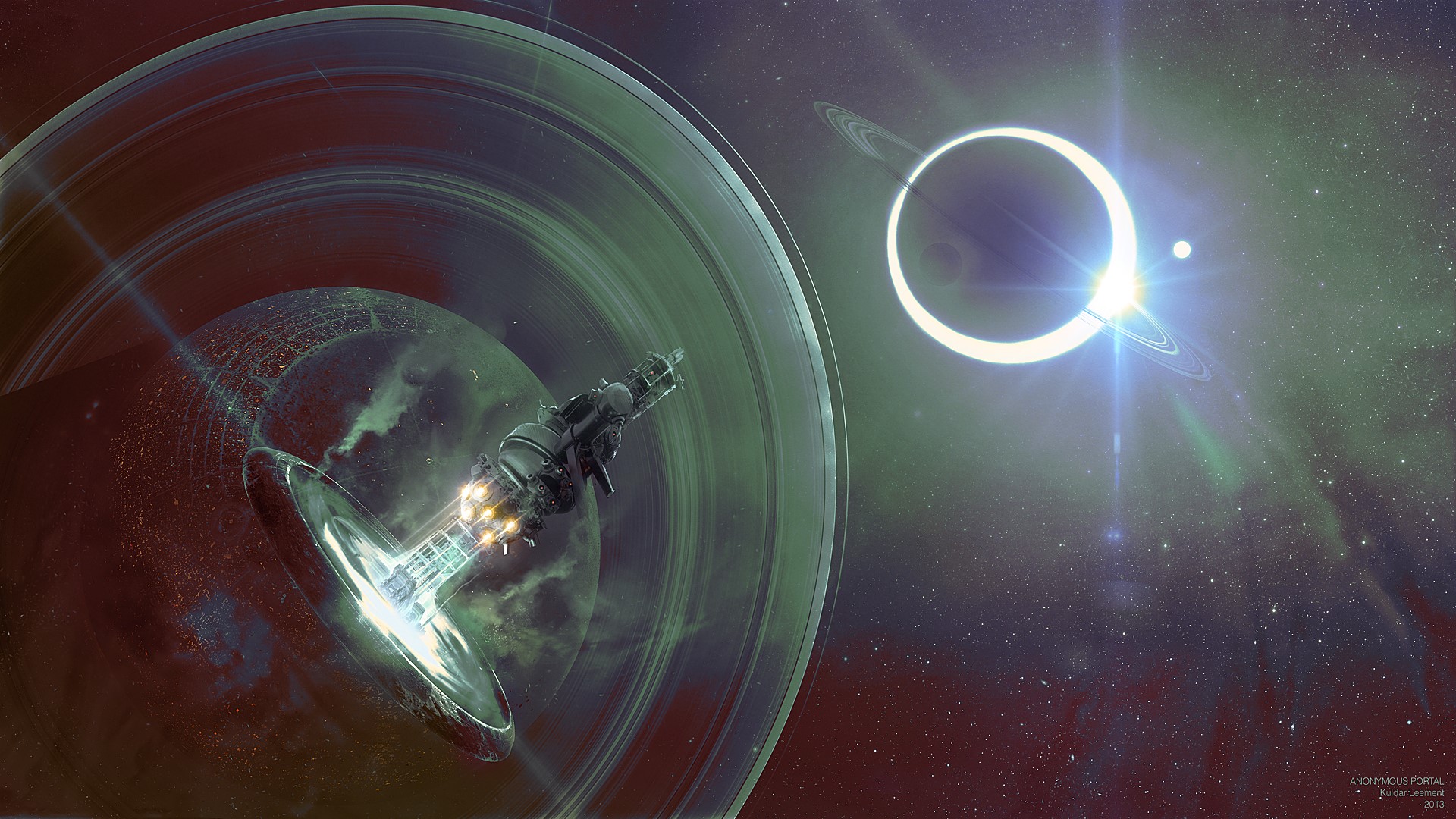 Spaceship near a ringed planet and a black hole HD Wallpaper