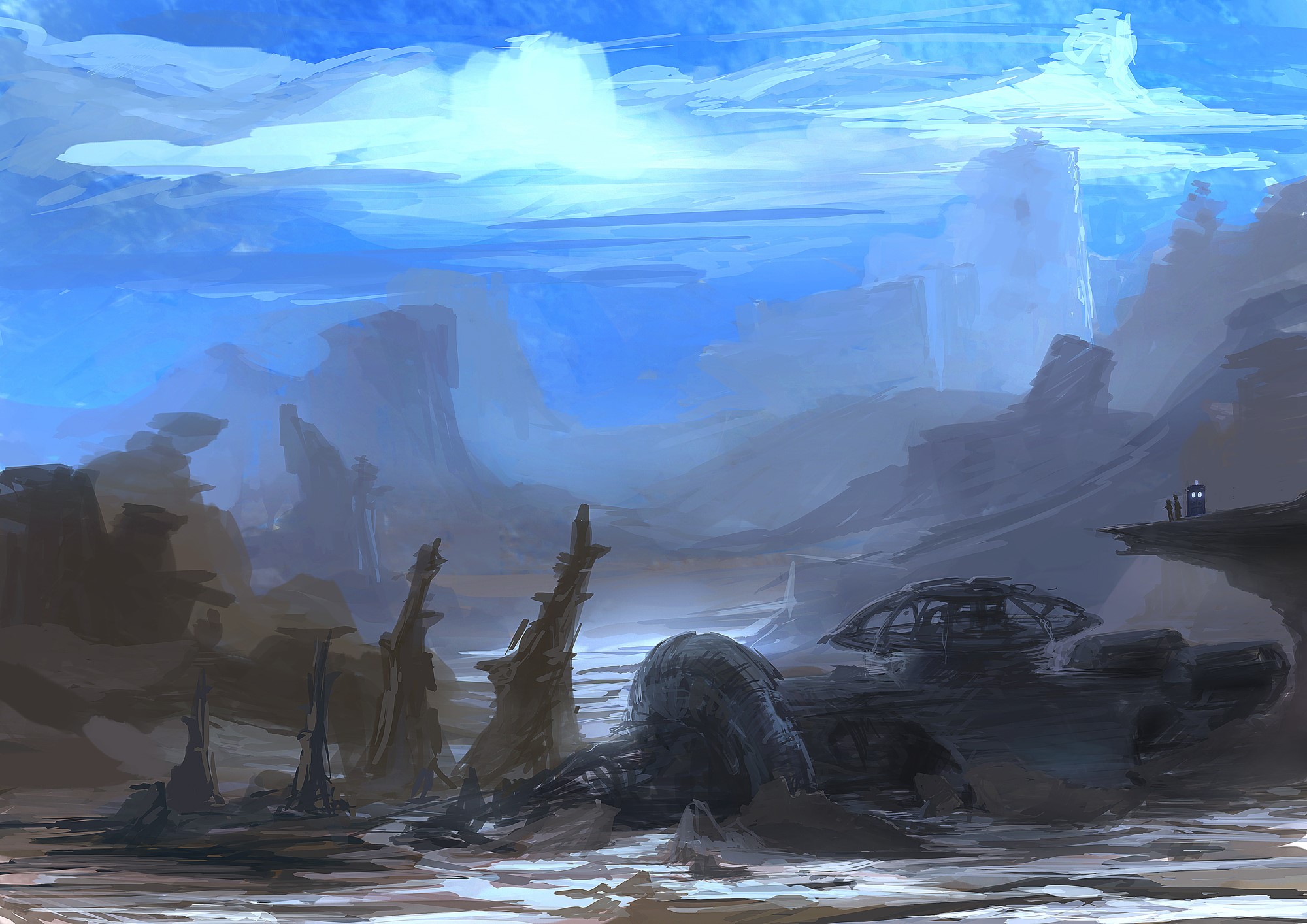Alien landscape with a blue police box HD Wallpaper