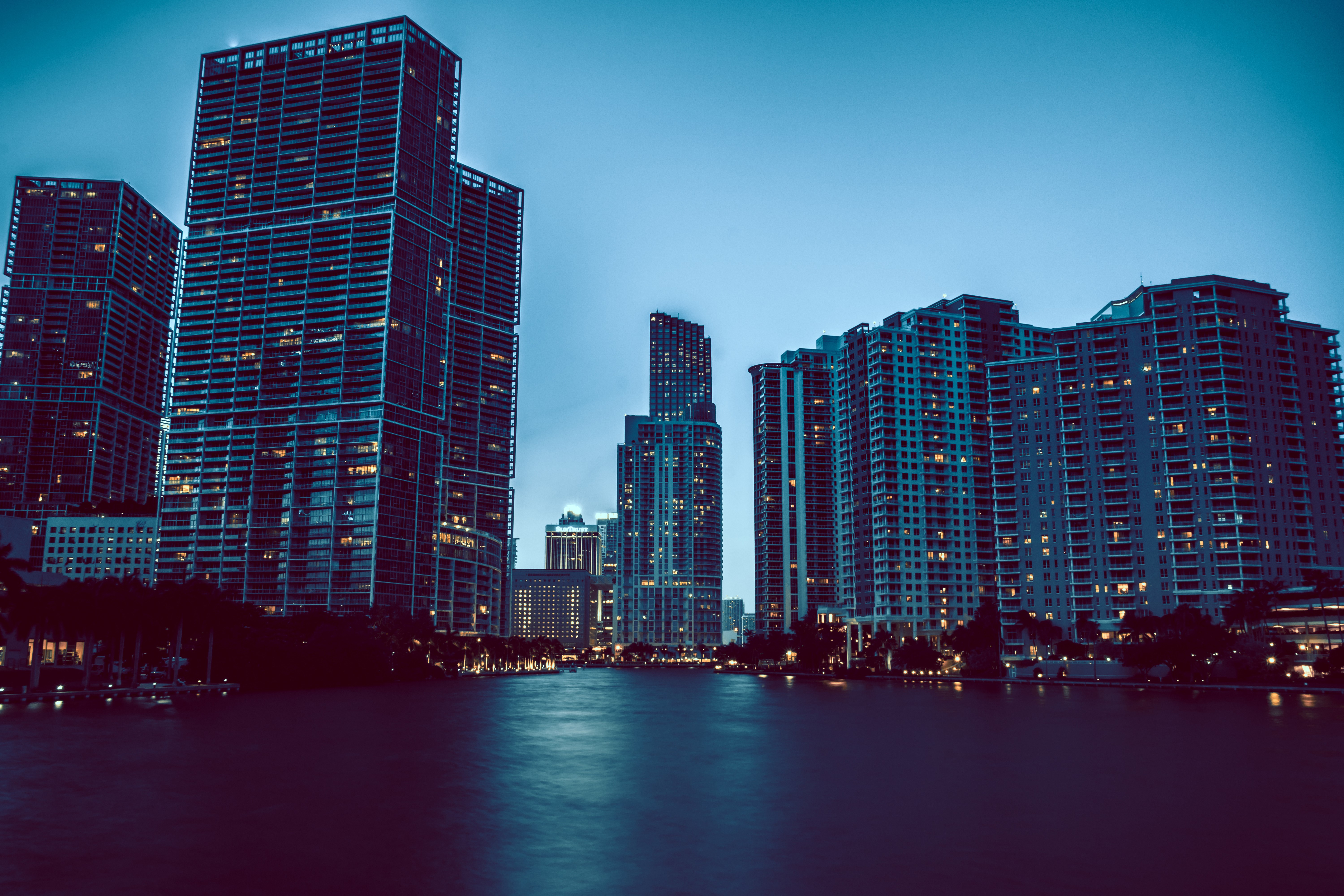 Miami skyscrapers on the waterfront at dusk HD Wallpaper