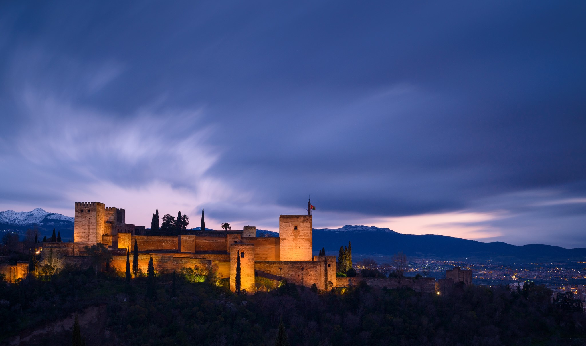 The Alhambra fortress in Granada, Spain at dusk HD Wallpaper