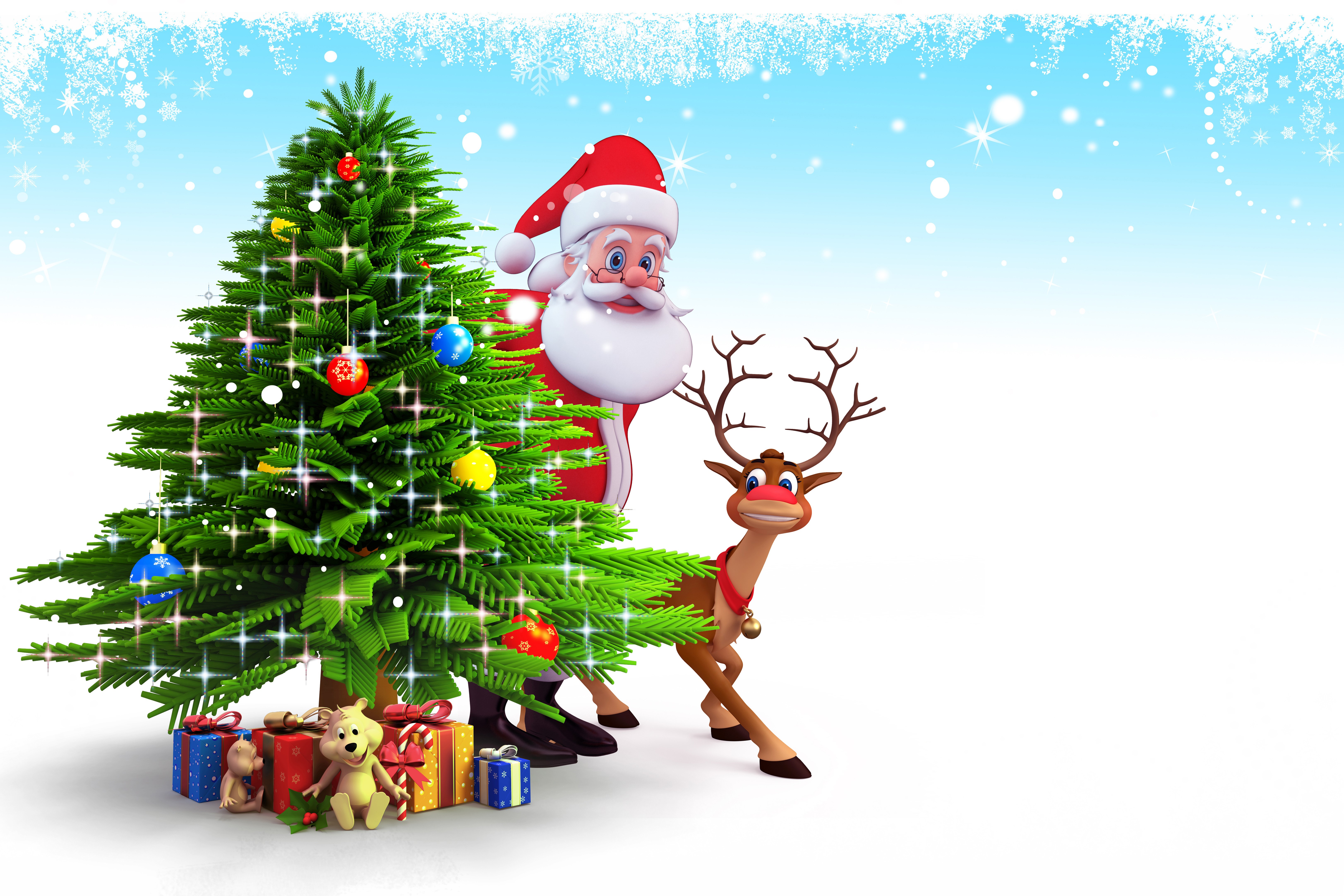 Santa Claus, Christmas Tree, Reindeer, and Gifts HD Wallpaper