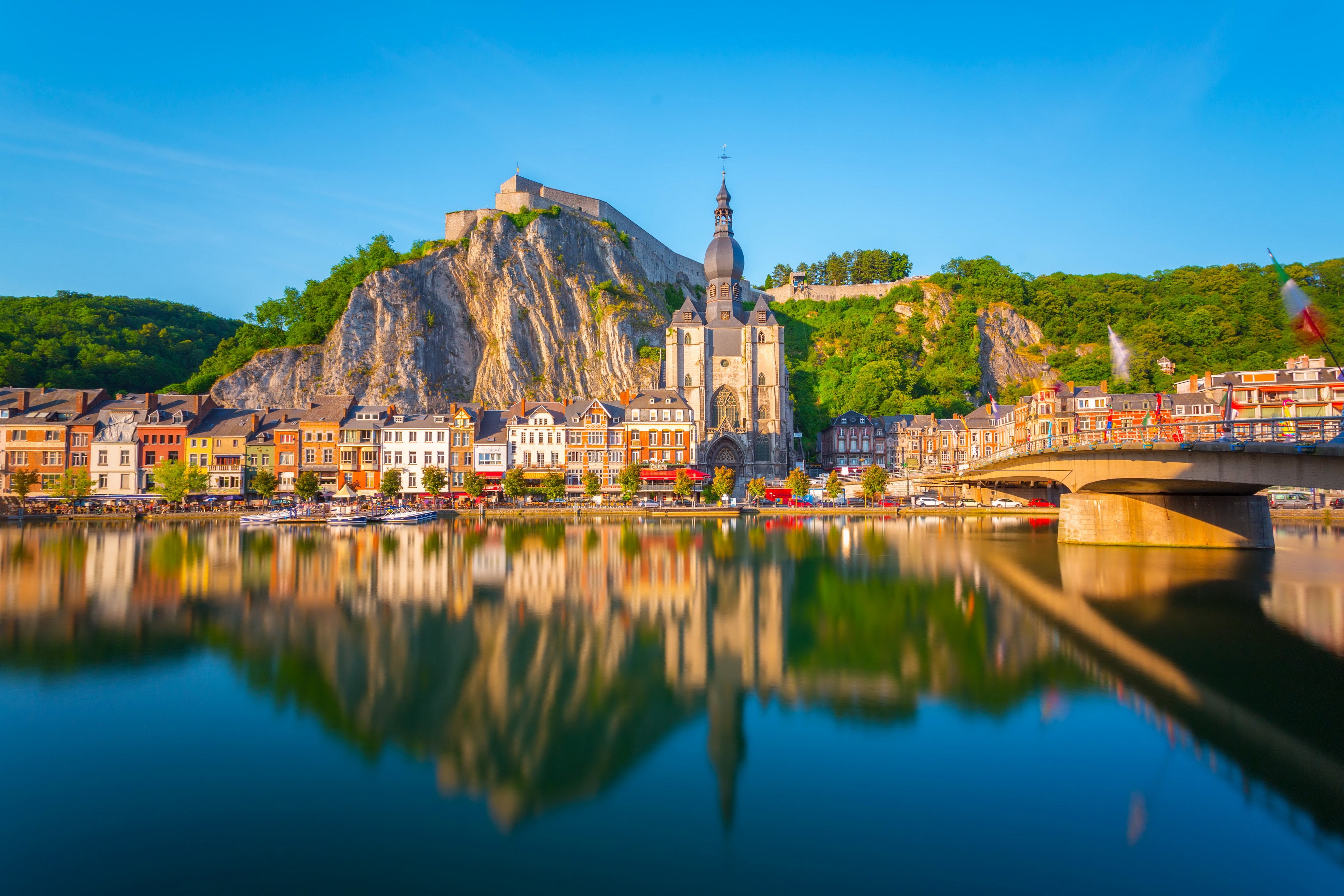 Dinant, Belgium: Riverfront with Citadel and Church HD Wallpaper