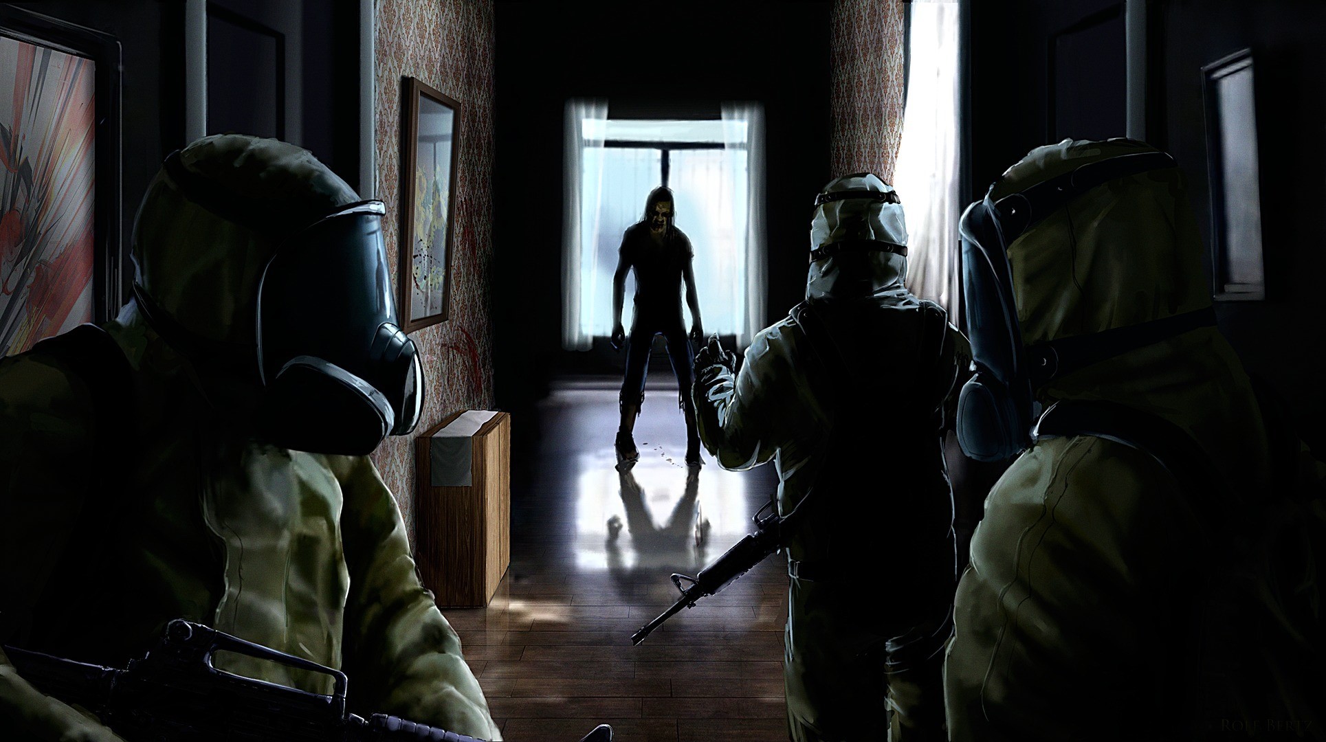 Soldiers in gas masks confront a zombie in a hallway HD Wallpaper