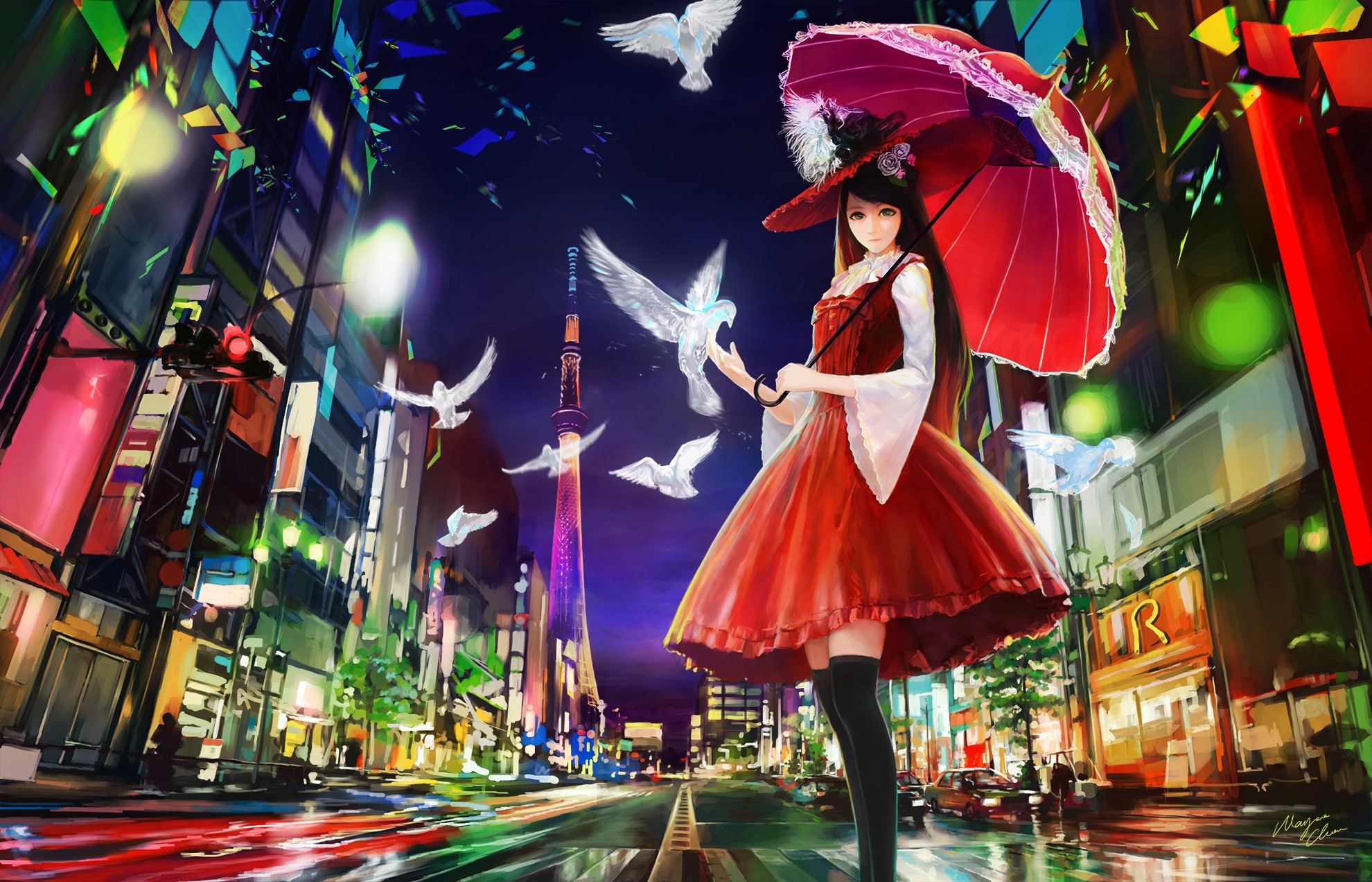 Girl with Umbrella and Pigeons in a City at Night HD Wallpaper