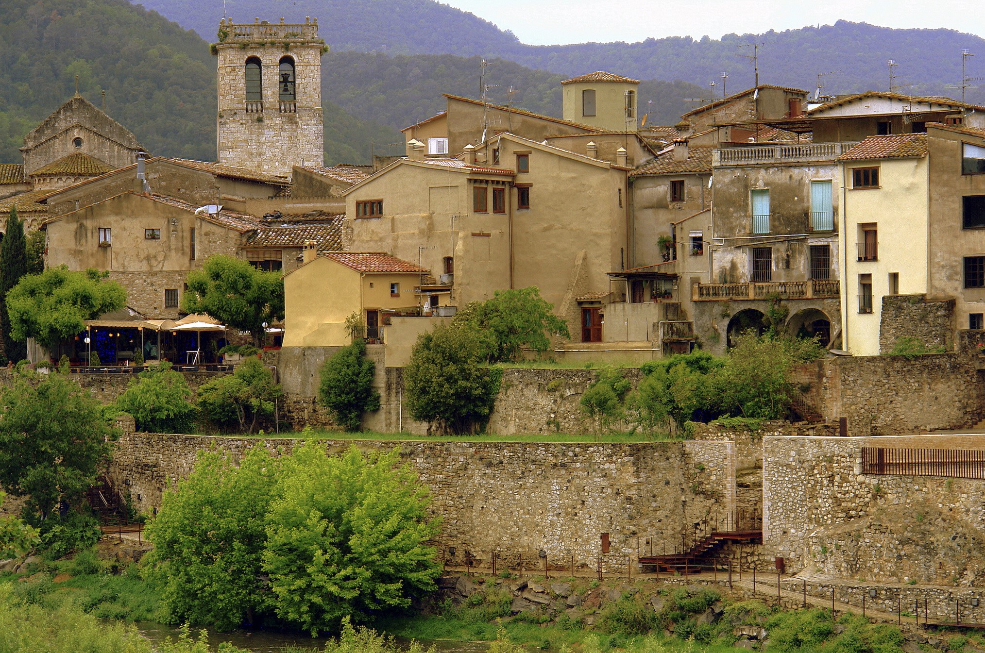 Besalu, Catalunya, Spain village with stone walls and bell tower HD Wallpaper