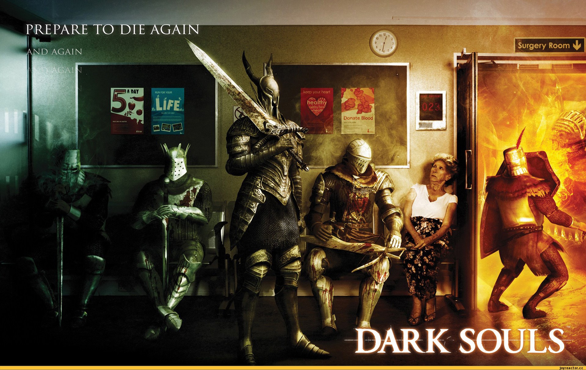Dark Souls fan art with knights and an old woman HD Wallpaper