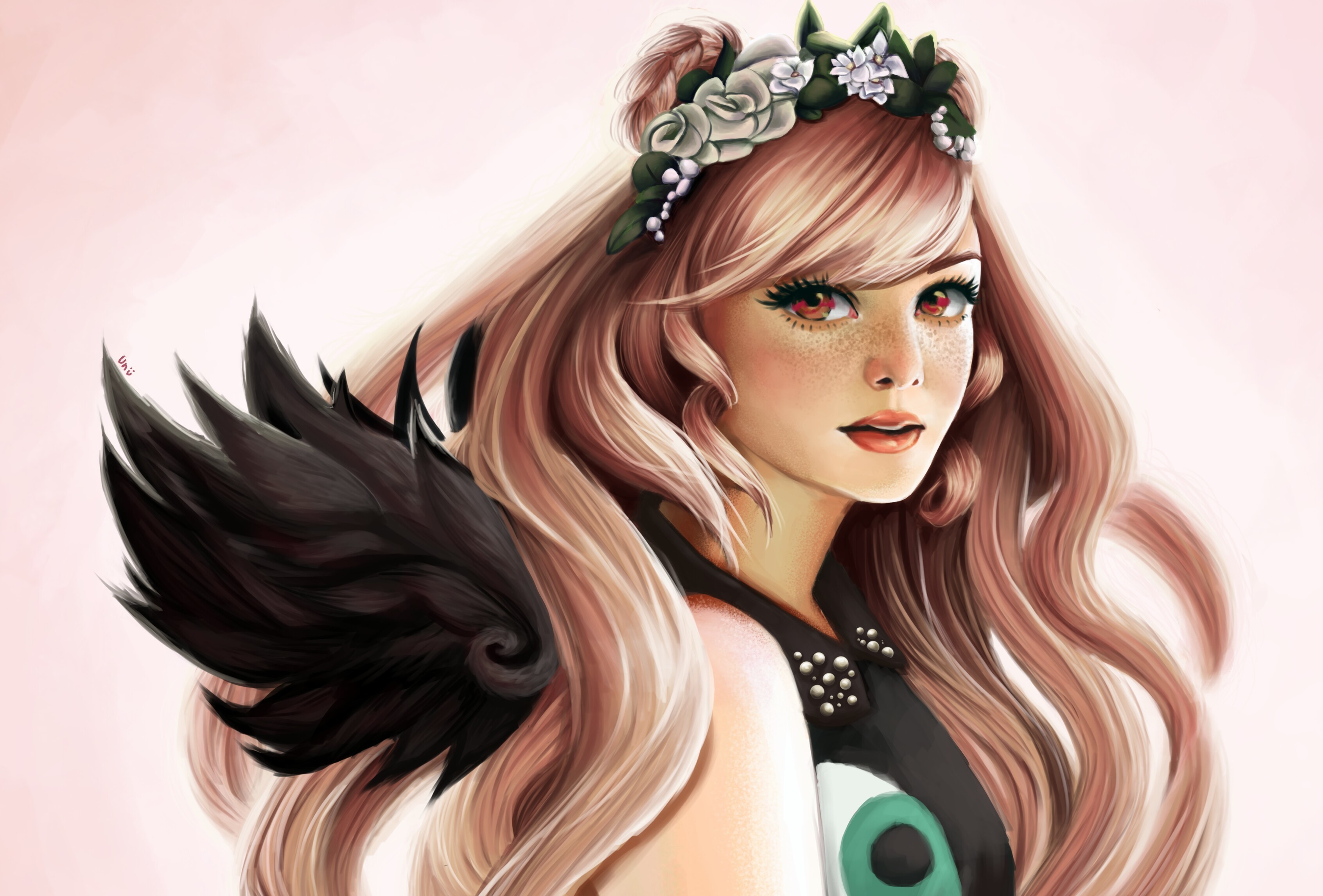 Girl with flower crown and black wings HD Wallpaper