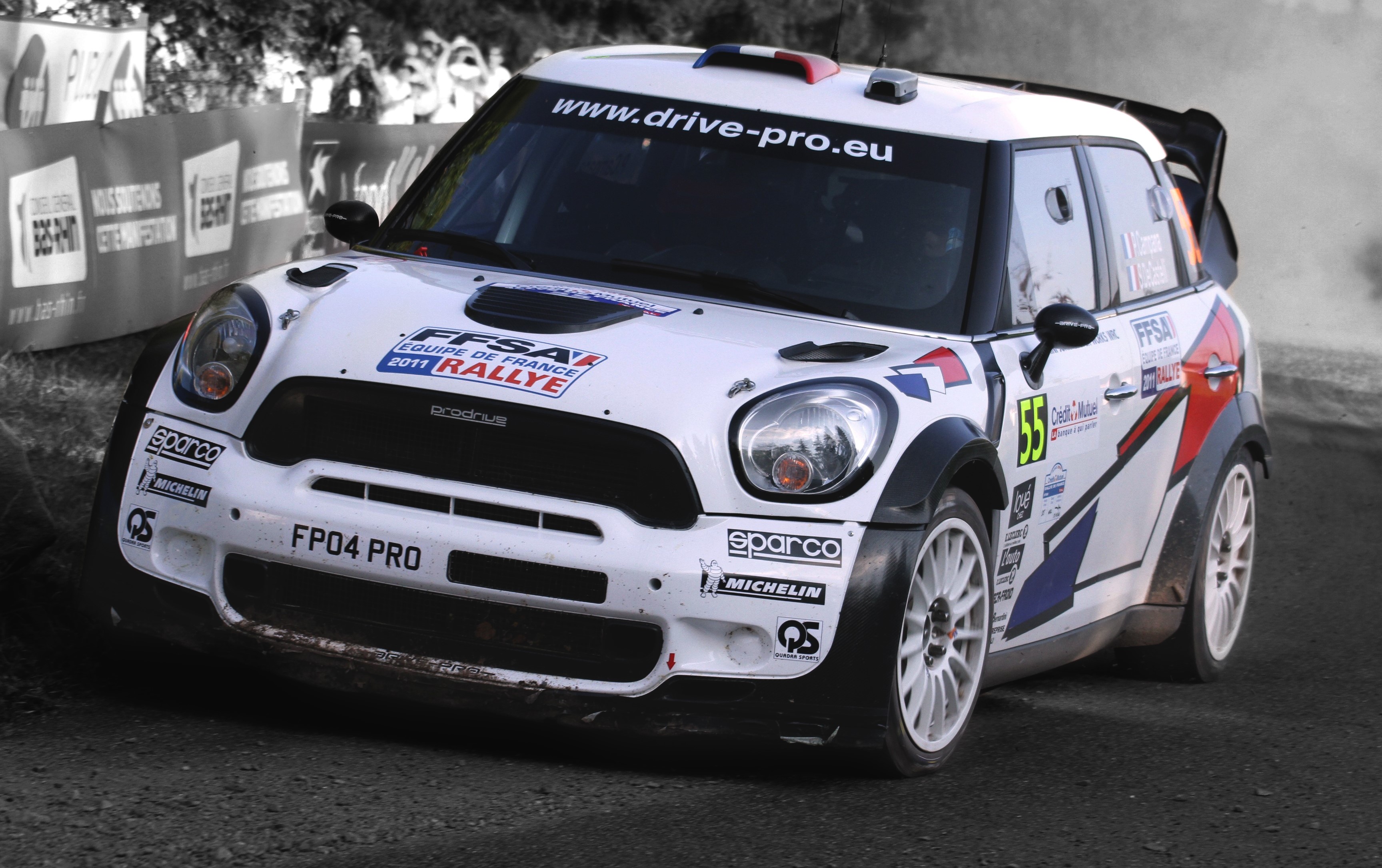 White Mini Cooper Rally Car with "FP04 PRO" HD Wallpaper