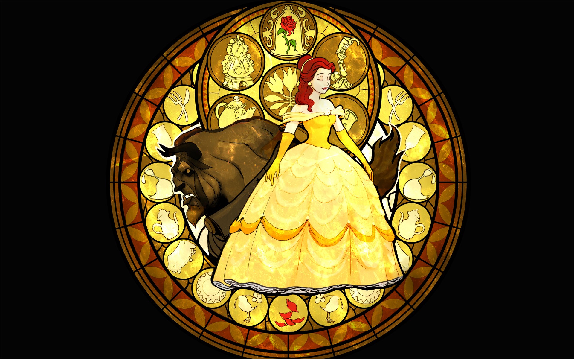 Belle and Beast from Disney's Beauty and the Beast stained glass HD Wallpaper
