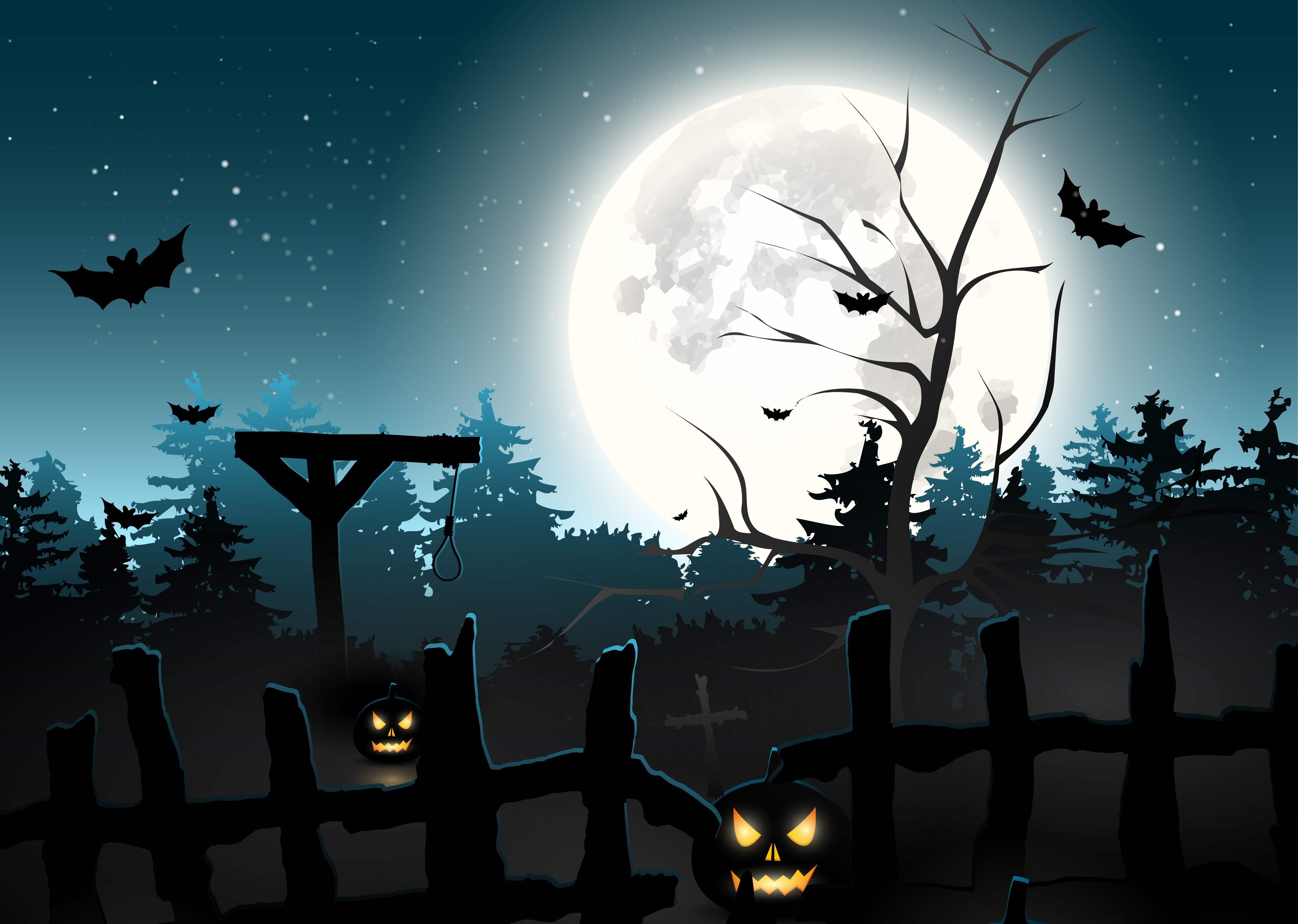 Halloween Night with Bats, Moon, and Gallow HD Wallpaper