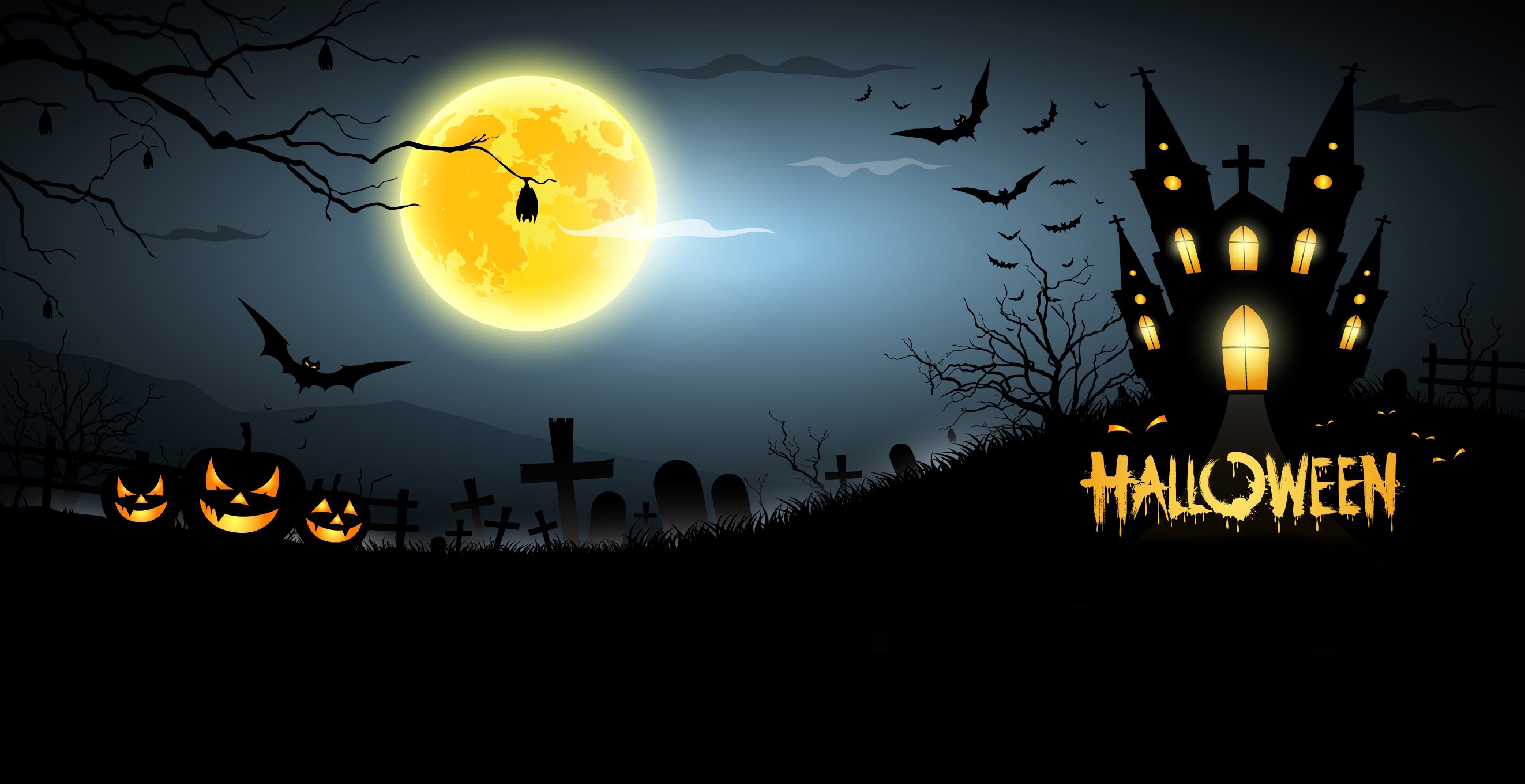 Halloween night with pumpkins, bats, and a haunted castle under the moon HD Wallpaper