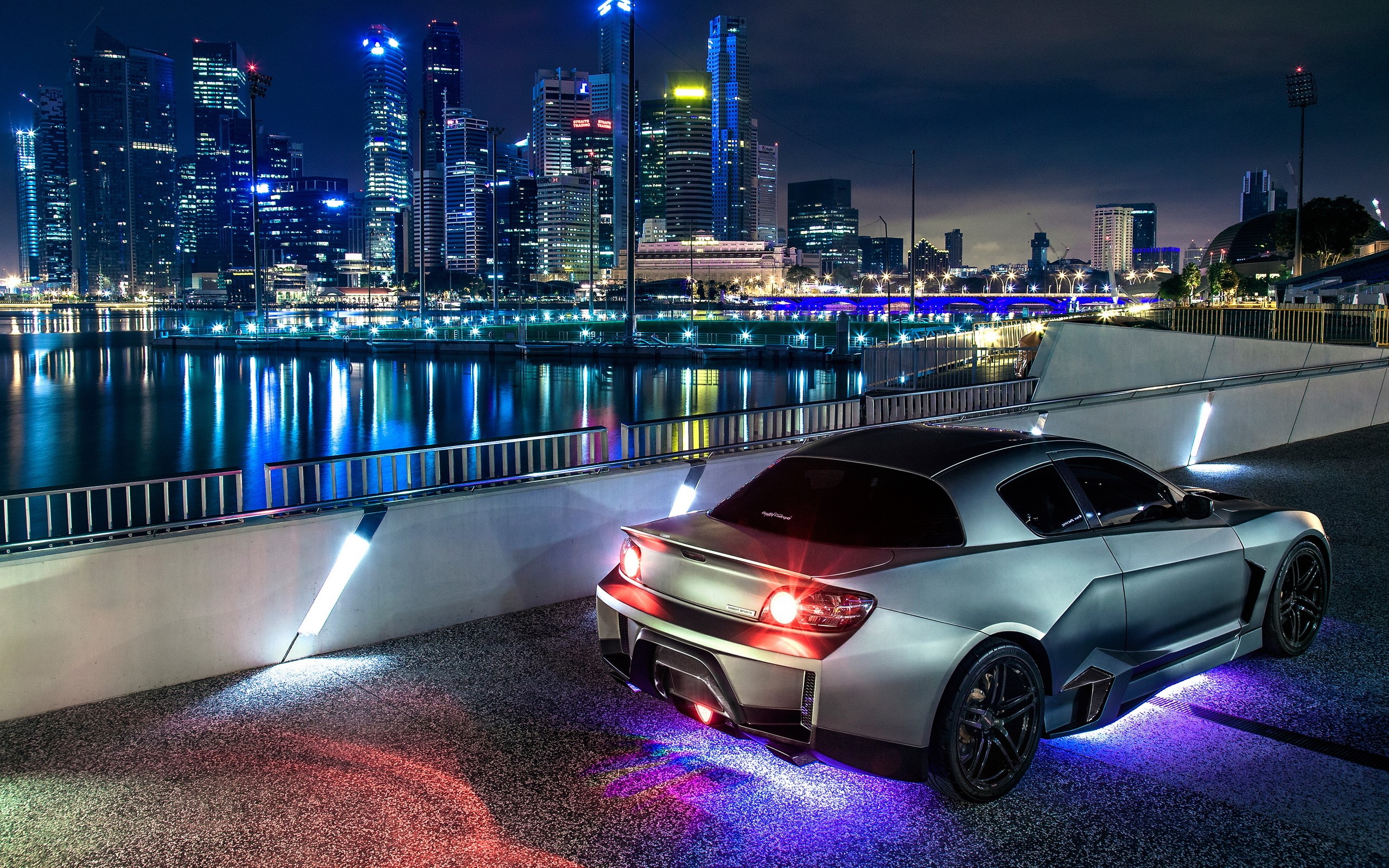Mazda RX-8 modified with underglow lights at night HD Wallpaper