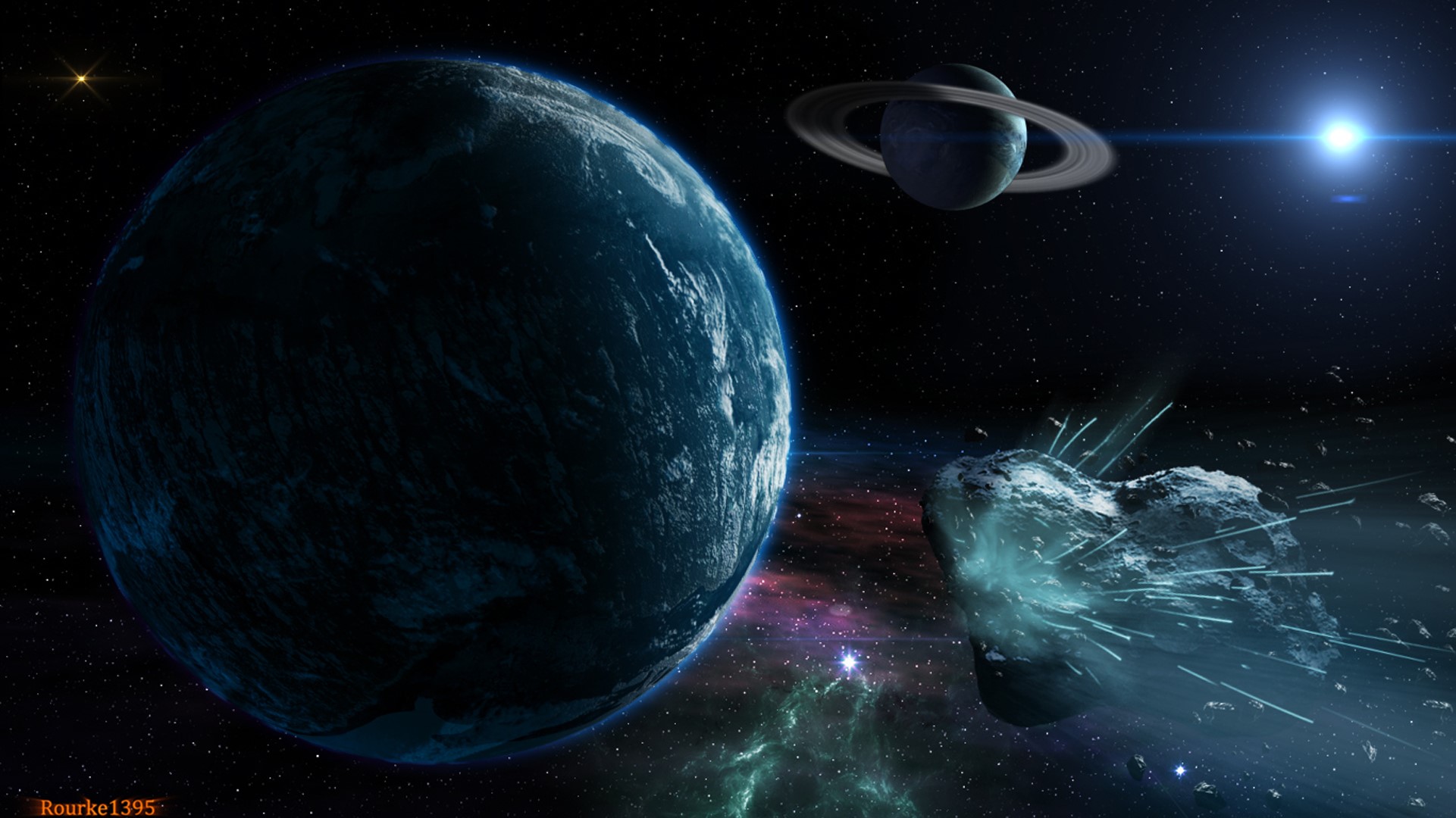 Planets and asteroids in deep space with nebula HD Wallpaper