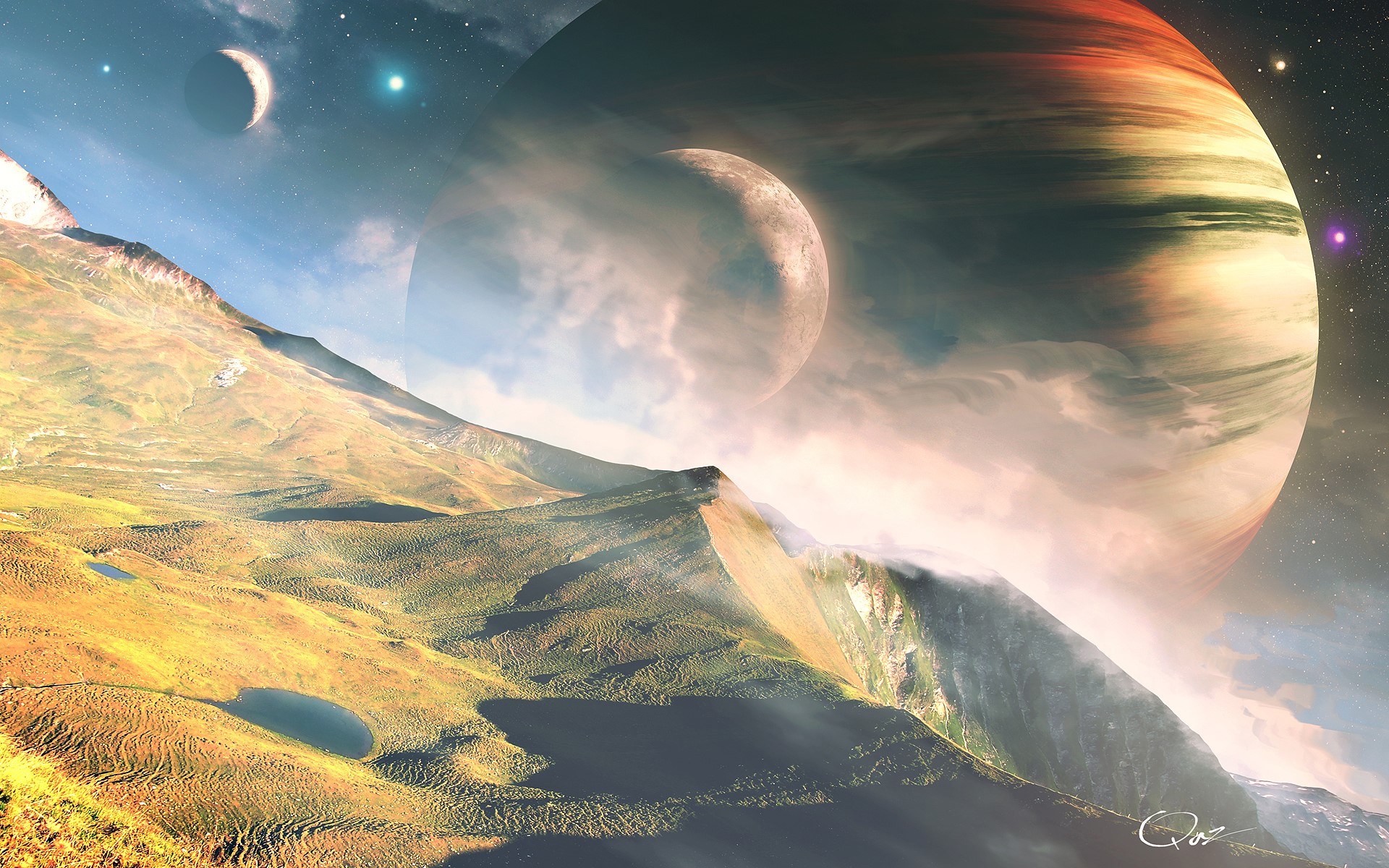 Alien landscape with planets and moons HD Wallpaper