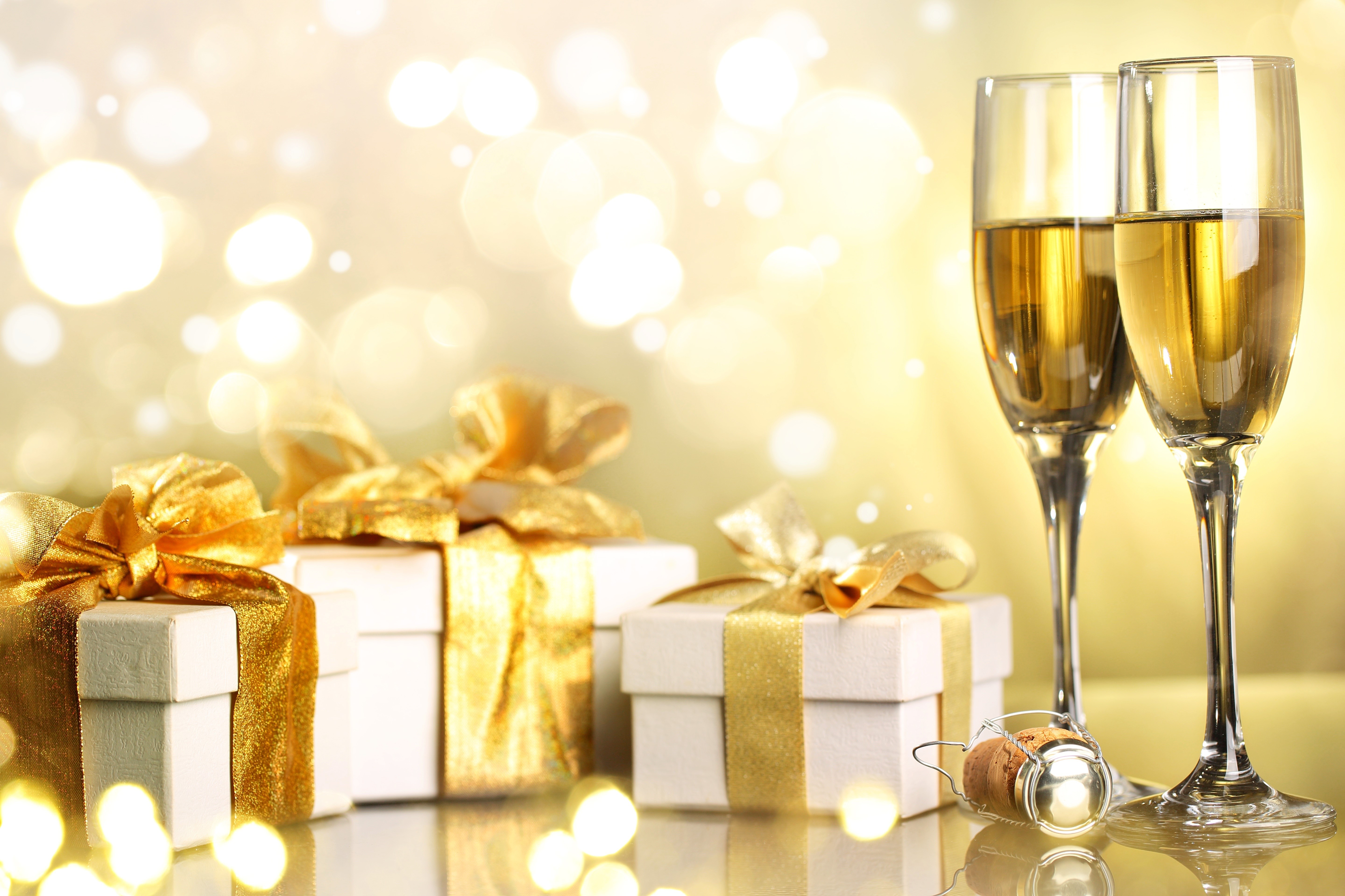 Champagne Glasses and Gifts with Bokeh Lights HD Wallpaper